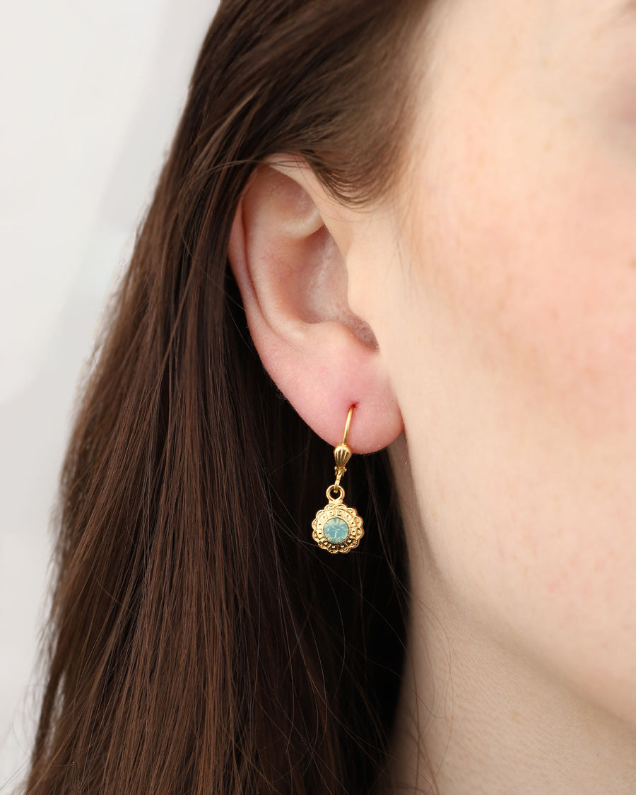 La Vie Parisienne-Tiny Flower Crystal Hooks-Earrings-14k Gold Plated, Pacific Opal Crystal-Blue Ruby Jewellery-Vancouver Canada