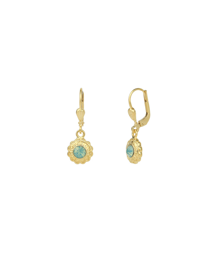 La Vie Parisienne-Tiny Flower Crystal Hooks-Earrings-14k Gold Plated, Pacific Opal Crystal-Blue Ruby Jewellery-Vancouver Canada