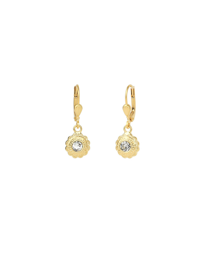 La Vie Parisienne-Tiny Flower Crystal Hooks-Earrings-14k Gold Plated, White Crystal-Blue Ruby Jewellery-Vancouver Canada