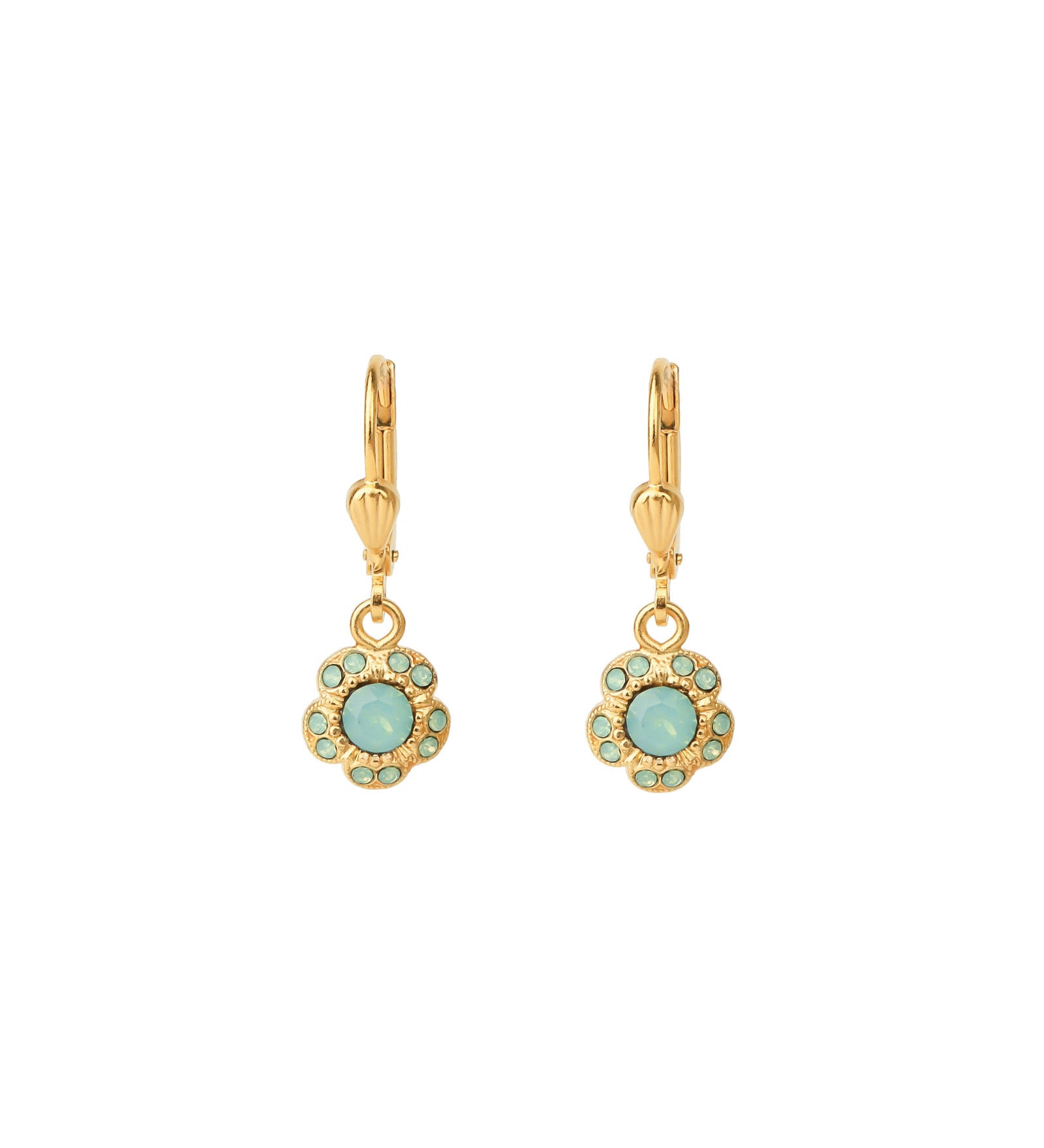 La Vie Parisienne-Tiny Flower Halo Crystal Hooks-Earrings-14k Gold Plated, Pacific Opal Crystal-Blue Ruby Jewellery-Vancouver Canada
