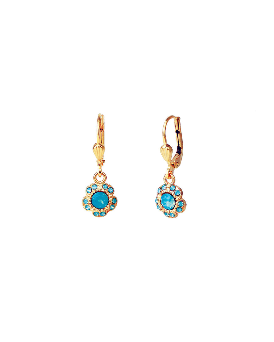 La Vie Parisienne-Tiny Flower Halo Crystal Hooks-Earrings-14k Gold Plated, Pacific Opal Crystal-Blue Ruby Jewellery-Vancouver Canada