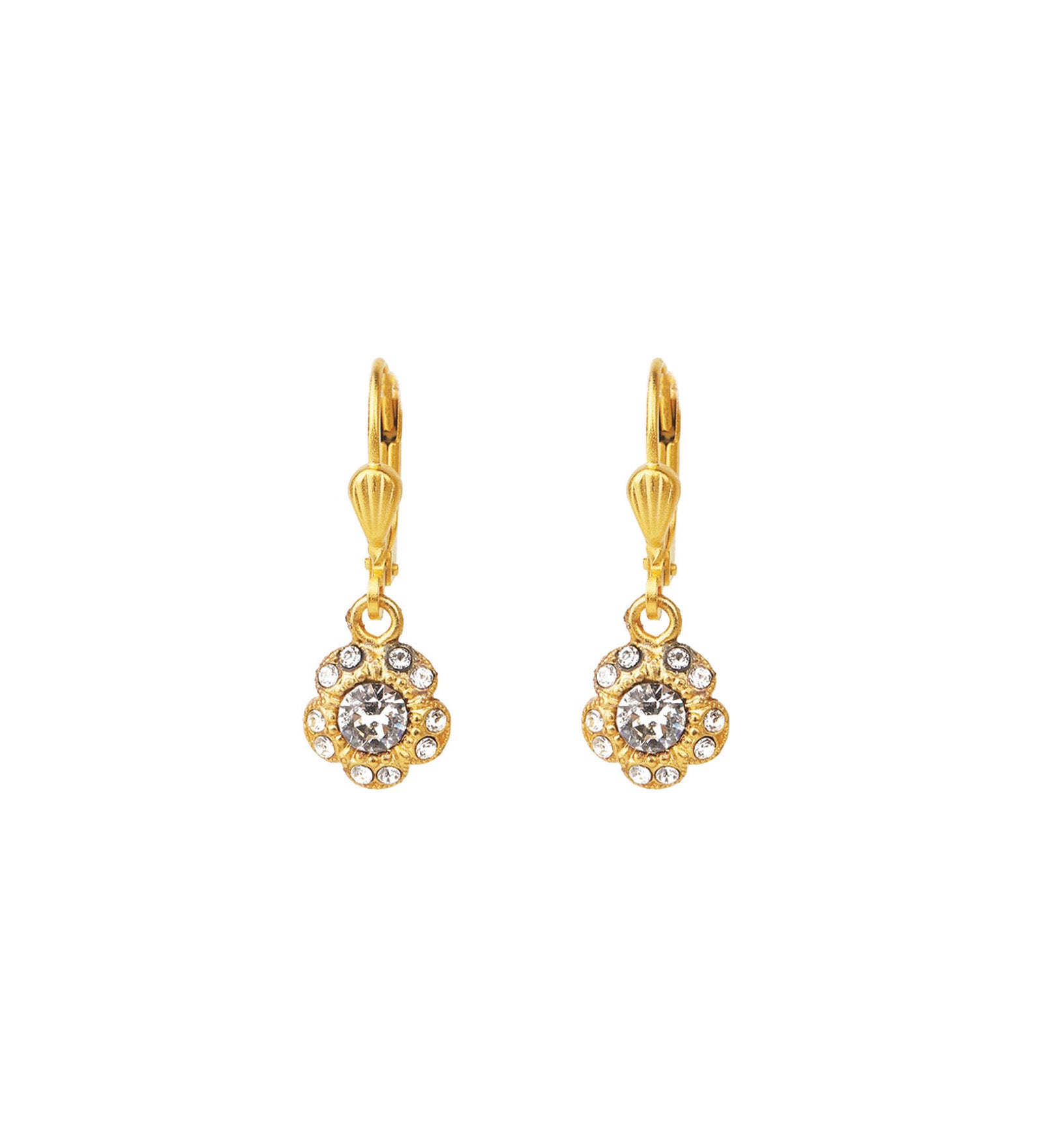 La Vie Parisienne-Tiny Flower Halo Crystal Hooks-Earrings-14k Gold Plated, White Crystal-Blue Ruby Jewellery-Vancouver Canada