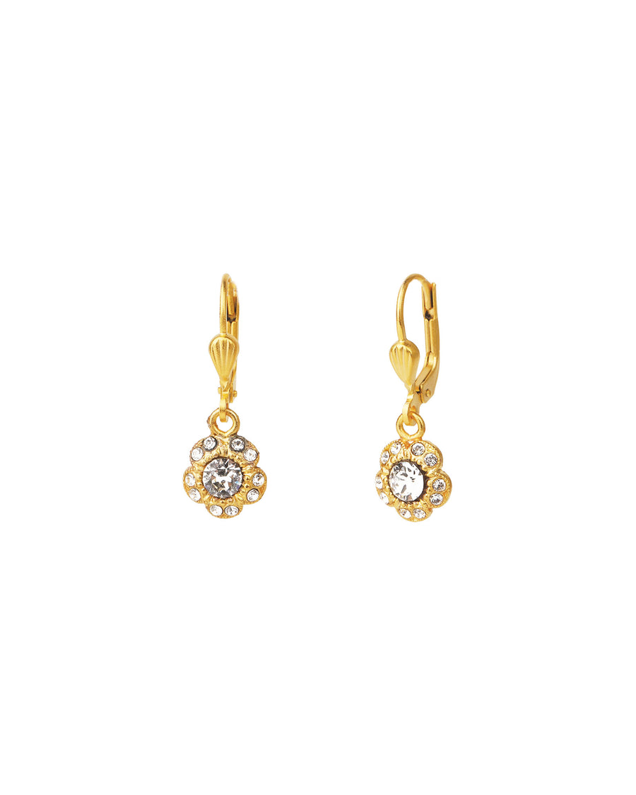 La Vie Parisienne-Tiny Flower Halo Crystal Hooks-Earrings-14k Gold Plated, White Crystal-Blue Ruby Jewellery-Vancouver Canada