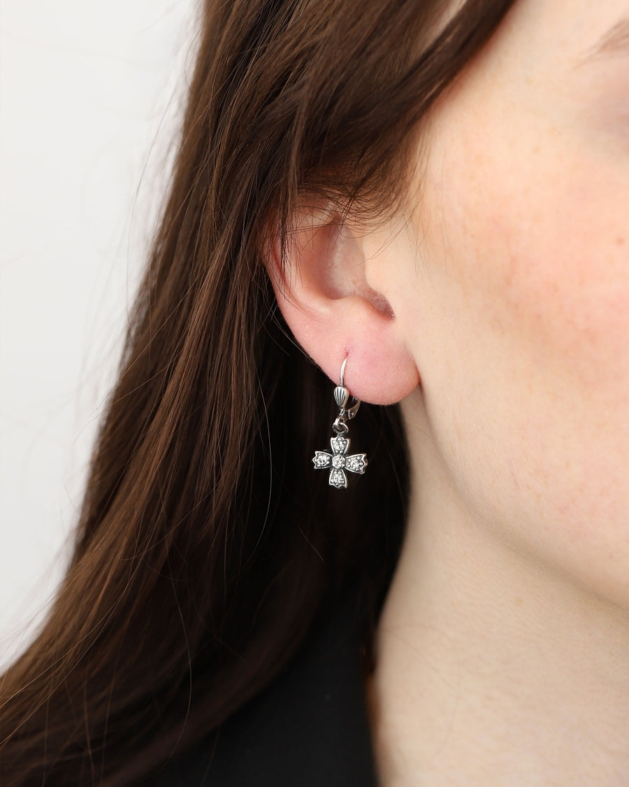 La Vie Parisienne-Crystal Cross Hooks-Earrings-Silver Plated, White Crystal-Blue Ruby Jewellery-Vancouver Canada