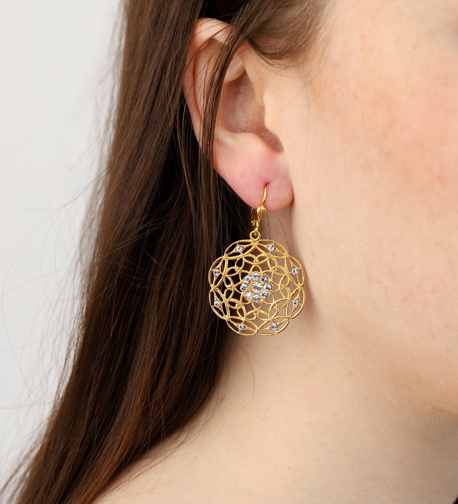 La Vie Parisienne-Flower Marquise Link Crystal Hooks-Earrings-14k Gold Plated, White Crystal-Blue Ruby Jewellery-Vancouver Canada