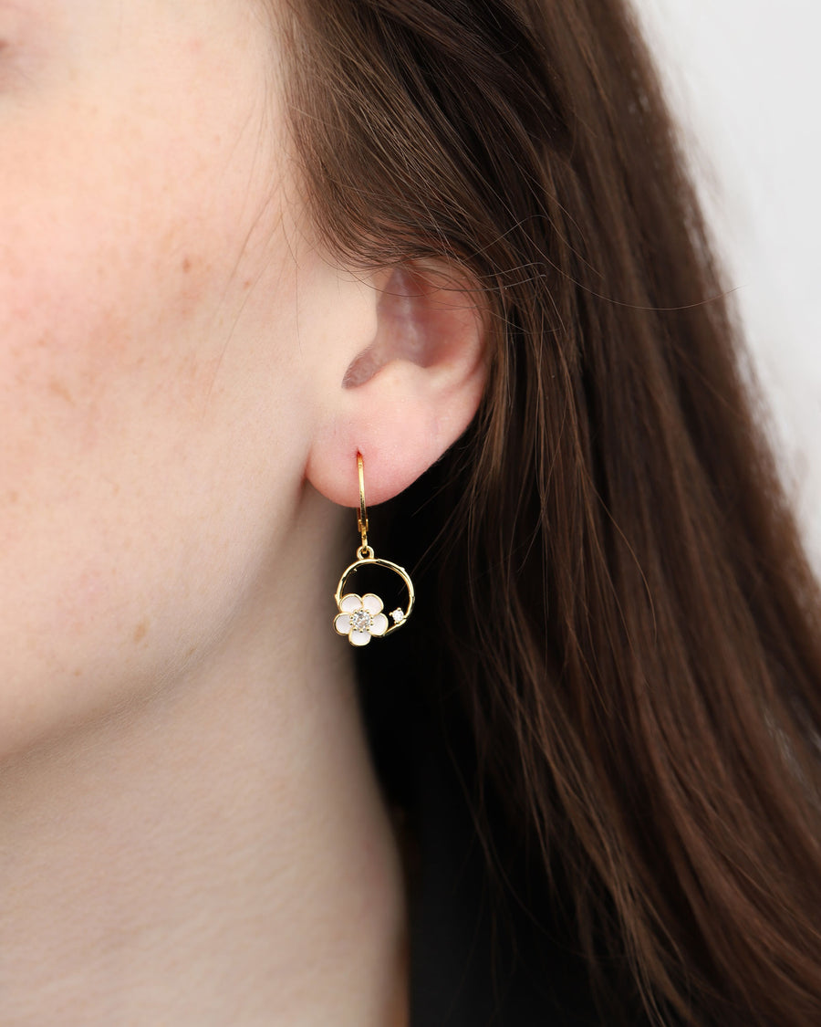 La Vie Parisienne-Enamel Flower Ring Drop Hooks-Earrings-14k Gold Plated, White Crystal-Blue Ruby Jewellery-Vancouver Canada