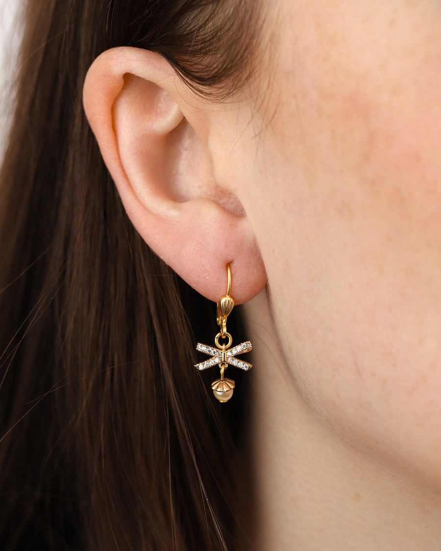 La Vie Parisienne-Bow Drop Pearl Hooks-Earrings-14k Gold Plated, White Crystal-Blue Ruby Jewellery-Vancouver Canada
