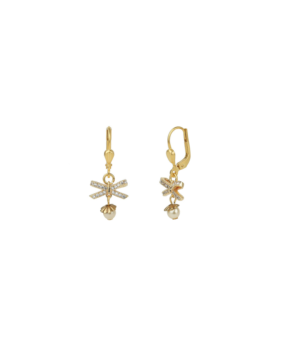 Bow Drop Pearl Hooks 14k Gold Plated, White Crystal