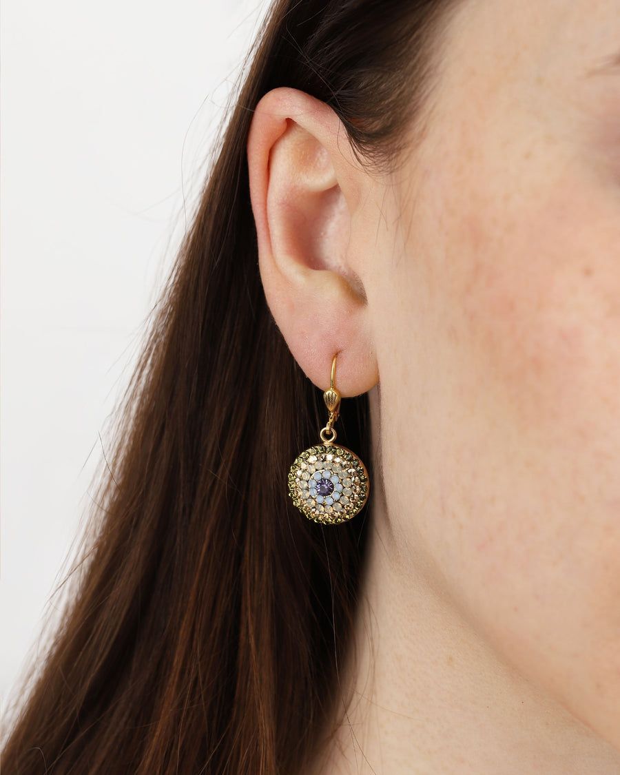 La Vie Parisienne-Small Round Pavé Hooks-Earrings-14k Gold Plated, Olive Combo Crystal-Blue Ruby Jewellery-Vancouver Canada