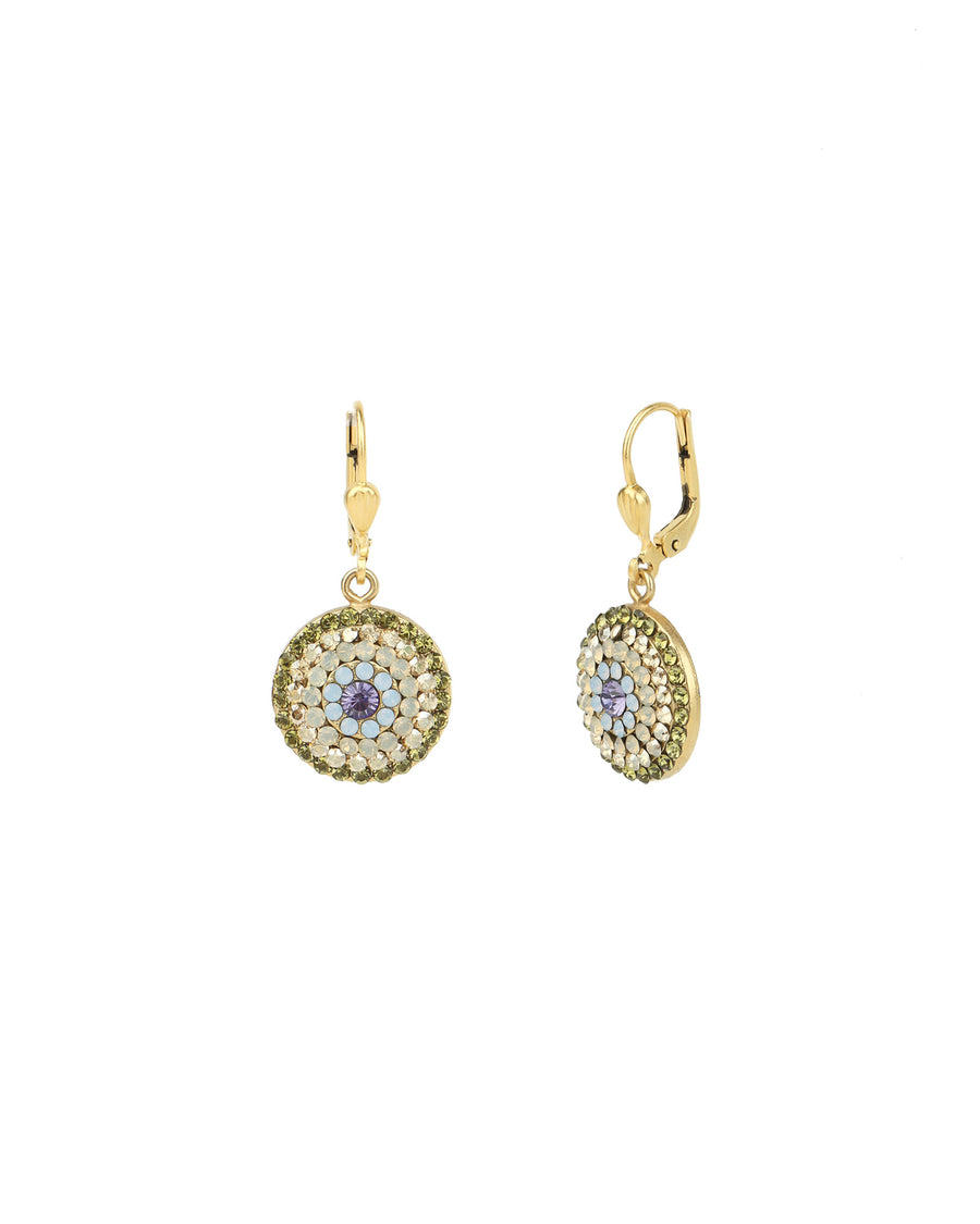 La Vie Parisienne-Small Round Pavé Hooks-Earrings-14k Gold Plated, Olive Combo Crystal-Blue Ruby Jewellery-Vancouver Canada