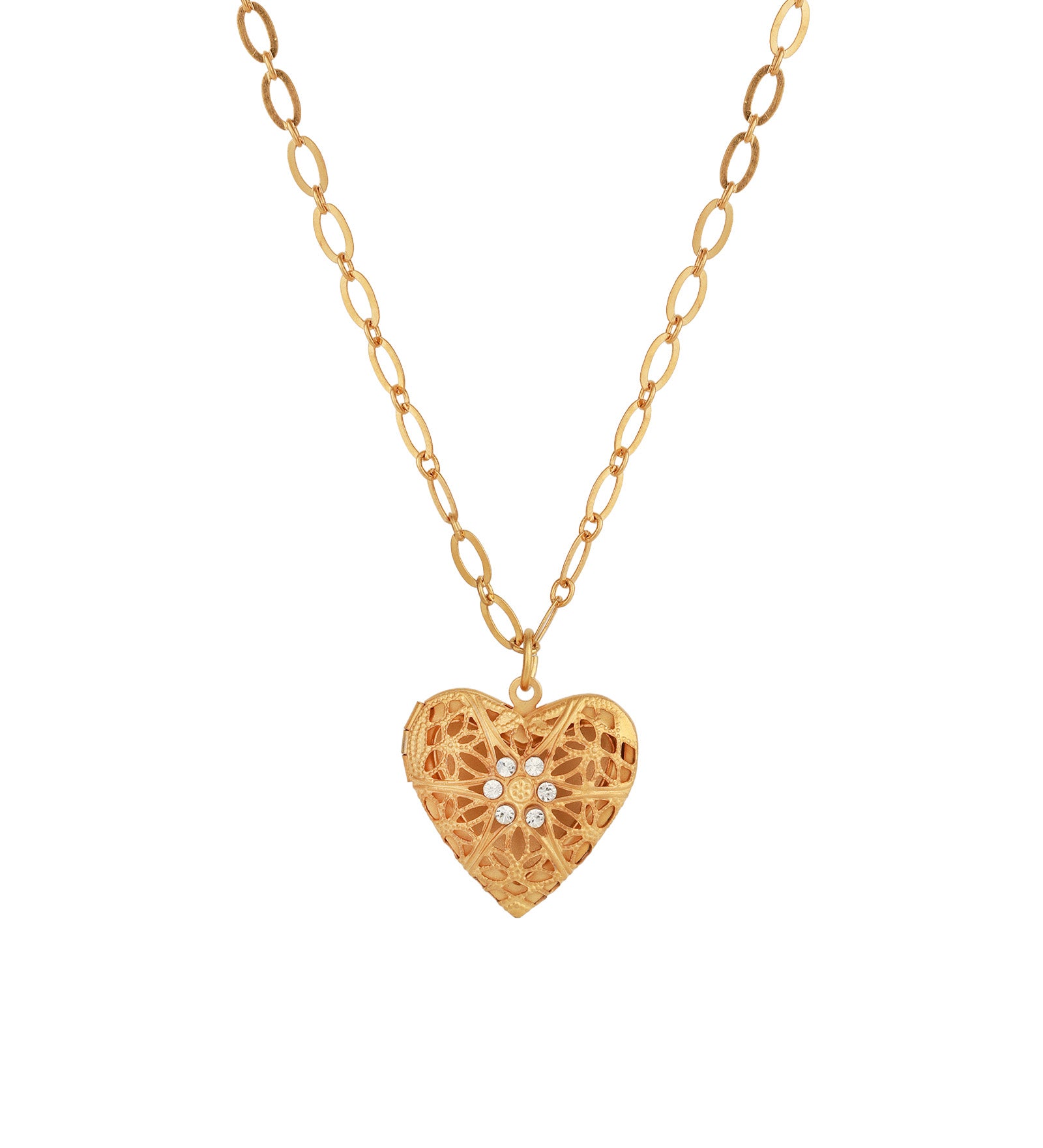 La Vie Parisienne-Filigree Heart Locket Necklace-Necklaces-14k Gold Plated, White Crystal-Blue Ruby Jewellery-Vancouver Canada