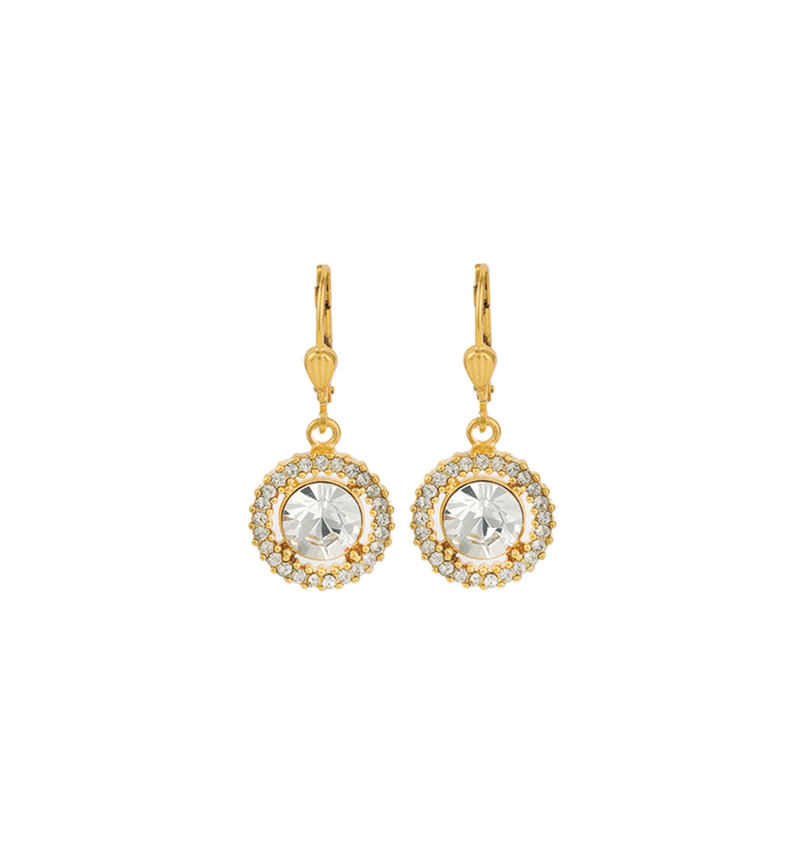 La Vie Parisienne-Round Crystal Halo Circle Hooks-Earrings-14k Gold Plated, White Crystal-Blue Ruby Jewellery-Vancouver Canada