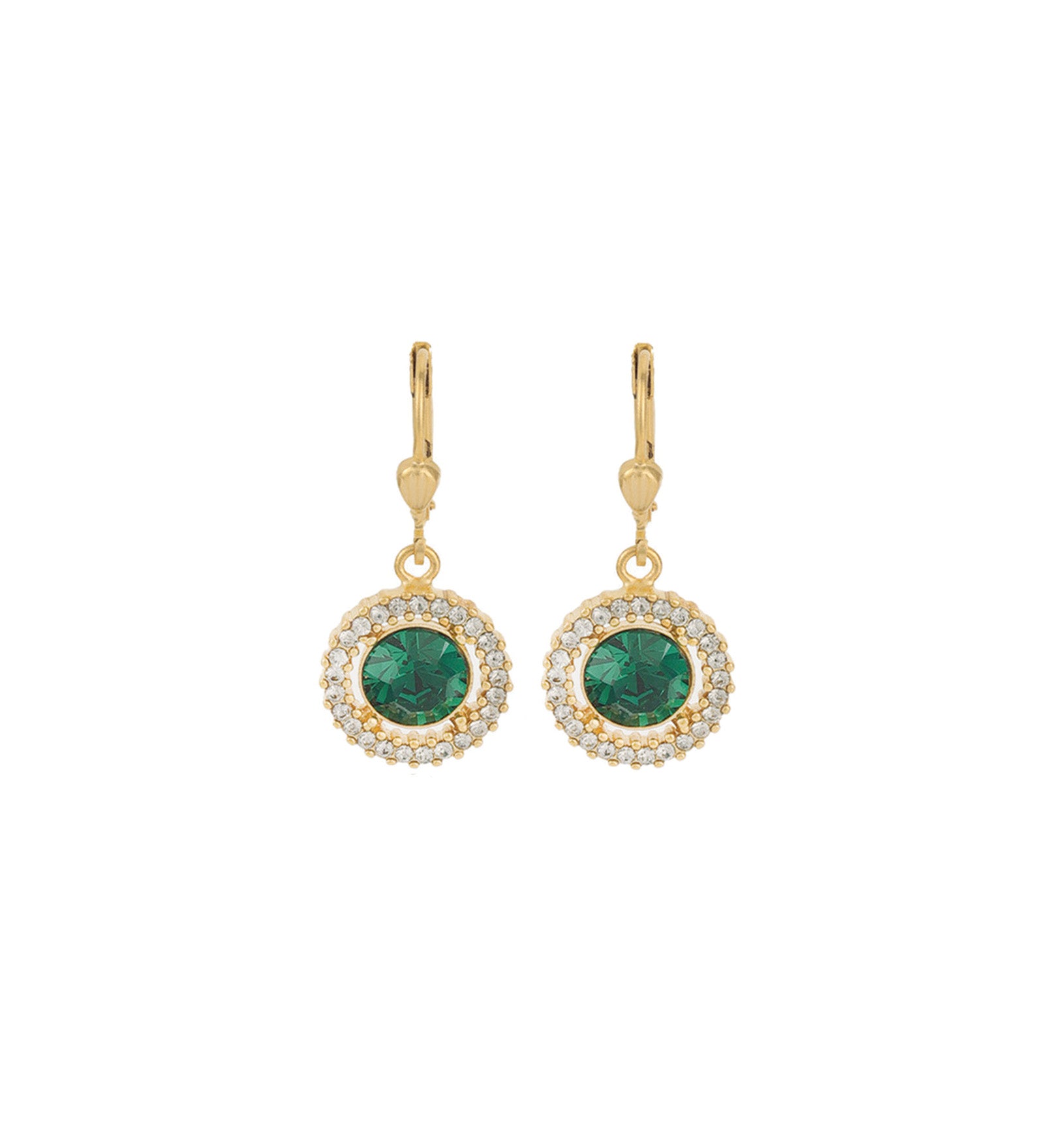La Vie Parisienne-Round Crystal Halo Circle Hooks-Earrings-14k Gold Plated, Emerald Crystal-Blue Ruby Jewellery-Vancouver Canada