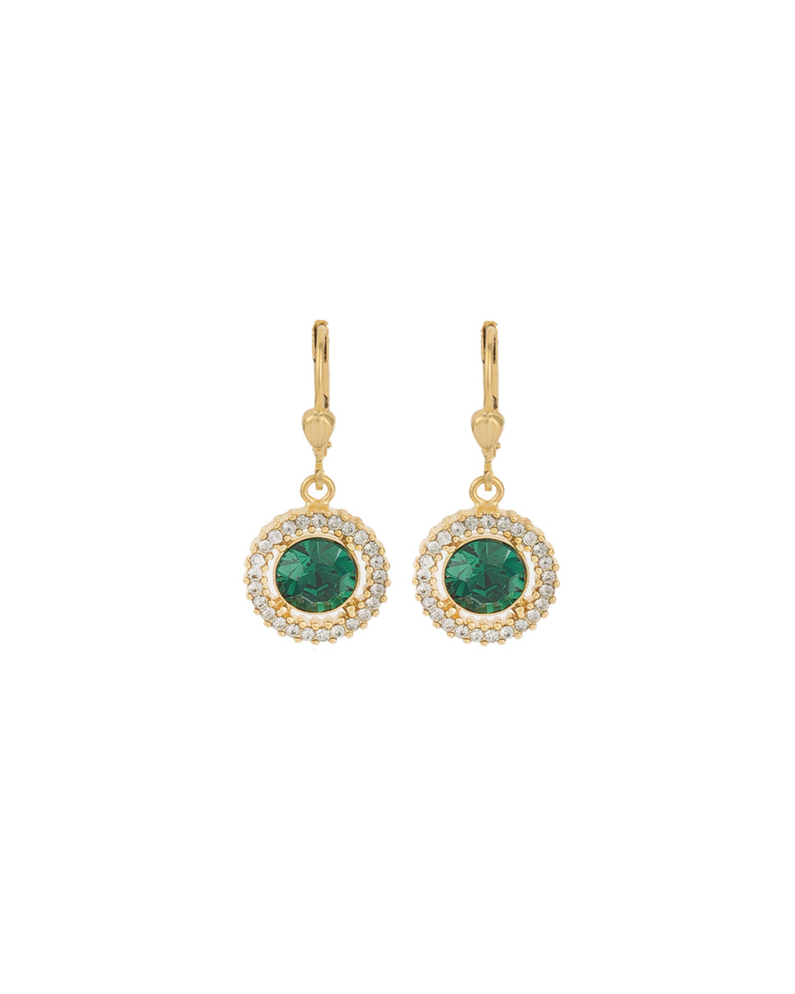 La Vie Parisienne-Round Crystal Halo Circle Hooks-Earrings-14k Gold Plated, Emerald Crystal-Blue Ruby Jewellery-Vancouver Canada