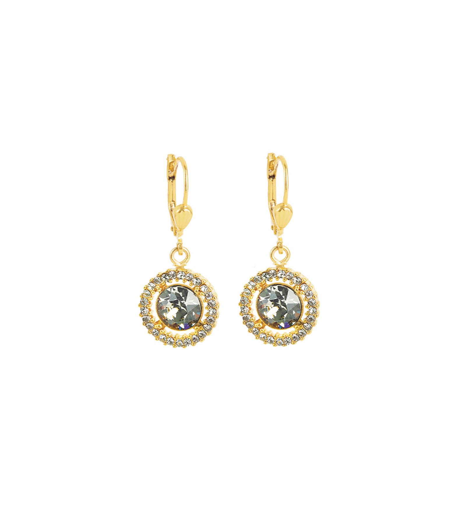 La Vie Parisienne-Round Crystal Halo Circle Hooks-Earrings-14k Gold Plated, Black Diamond Crystal-Blue Ruby Jewellery-Vancouver Canada