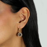 La Vie Parisienne-Round Crystal Halo Circle Hooks-Earrings-14k Gold Plated, Black Diamond Crystal-Blue Ruby Jewellery-Vancouver Canada