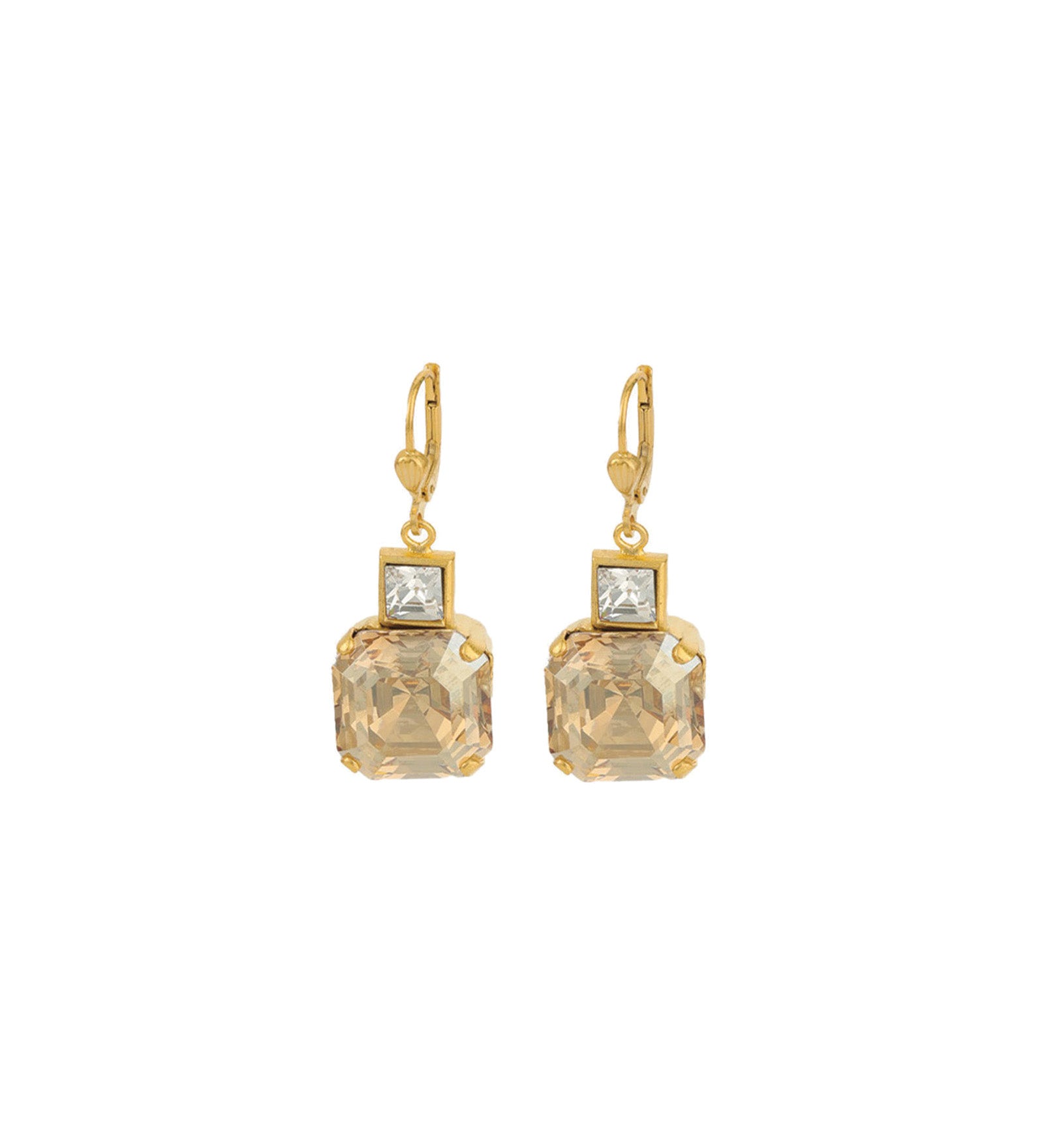 La Vie Parisienne-Two Square Crystal Hooks-Earrings-14k Gold Plated, Champagne & White Crystal-Blue Ruby Jewellery-Vancouver Canada