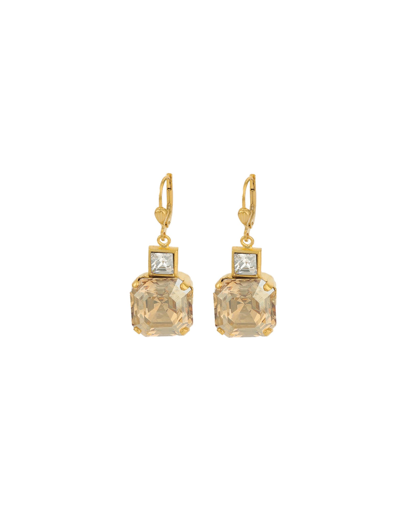 La Vie Parisienne-Two Square Crystal Hooks-Earrings-14k Gold Plated, Champagne & White Crystal-Blue Ruby Jewellery-Vancouver Canada