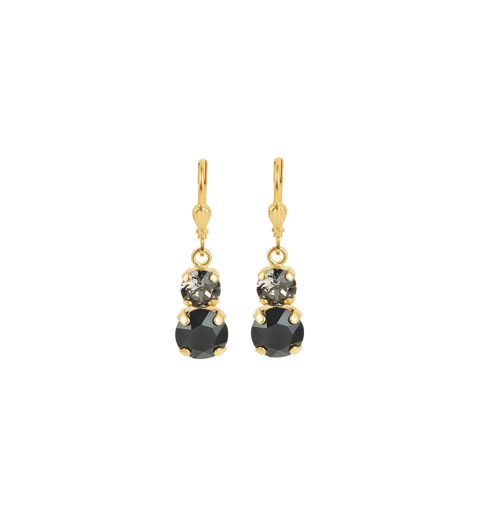 La Vie Parisienne-Graduated Round Crystal Hooks-Earrings-14k Gold Plated, Jet Black & Black Diamond Crystal-Blue Ruby Jewellery-Vancouver Canada