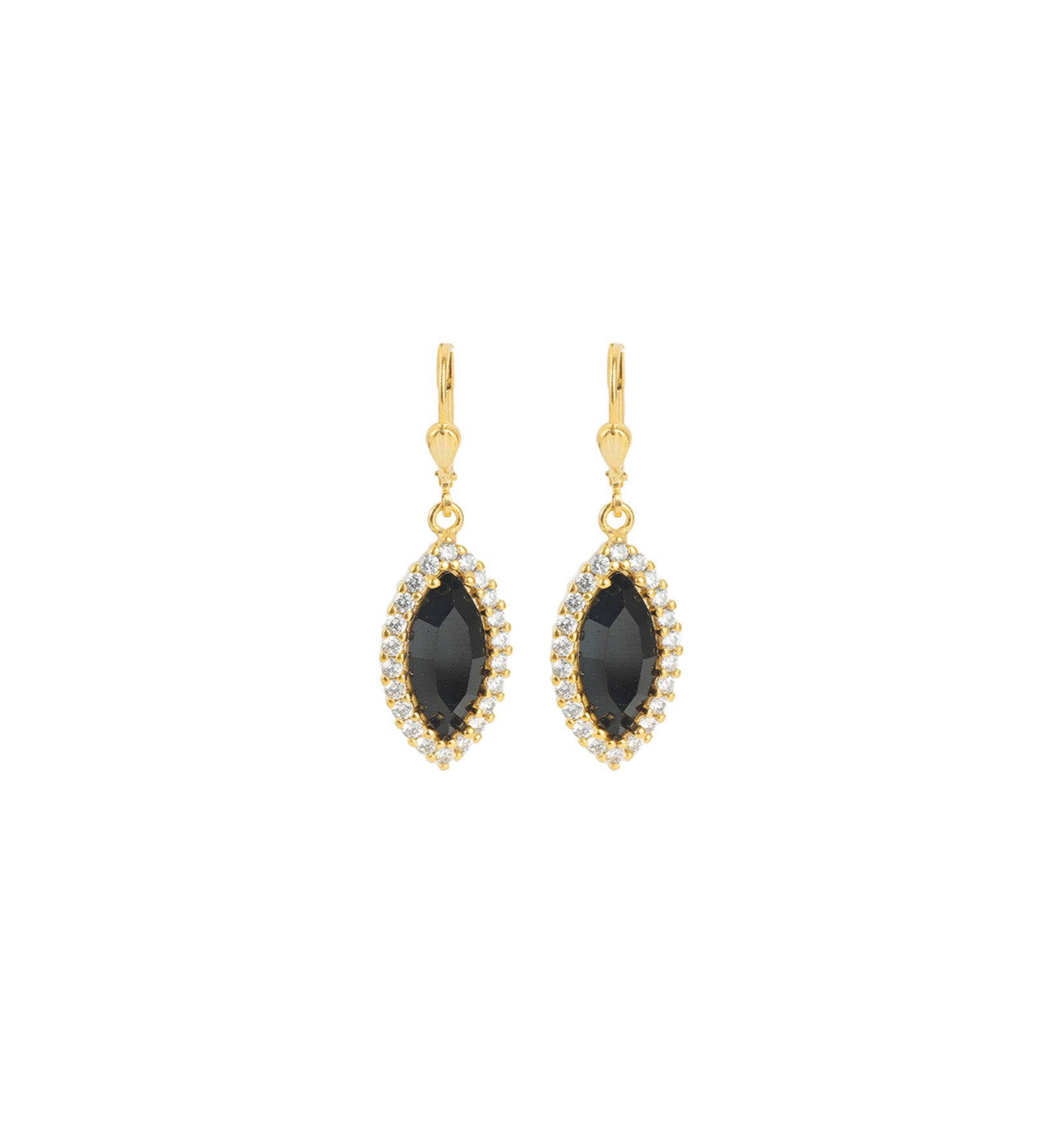 La Vie Parisienne-Marquise Crystal Halo Hooks-Earrings-14k Gold Plated, Jet Black Crystal-Blue Ruby Jewellery-Vancouver Canada