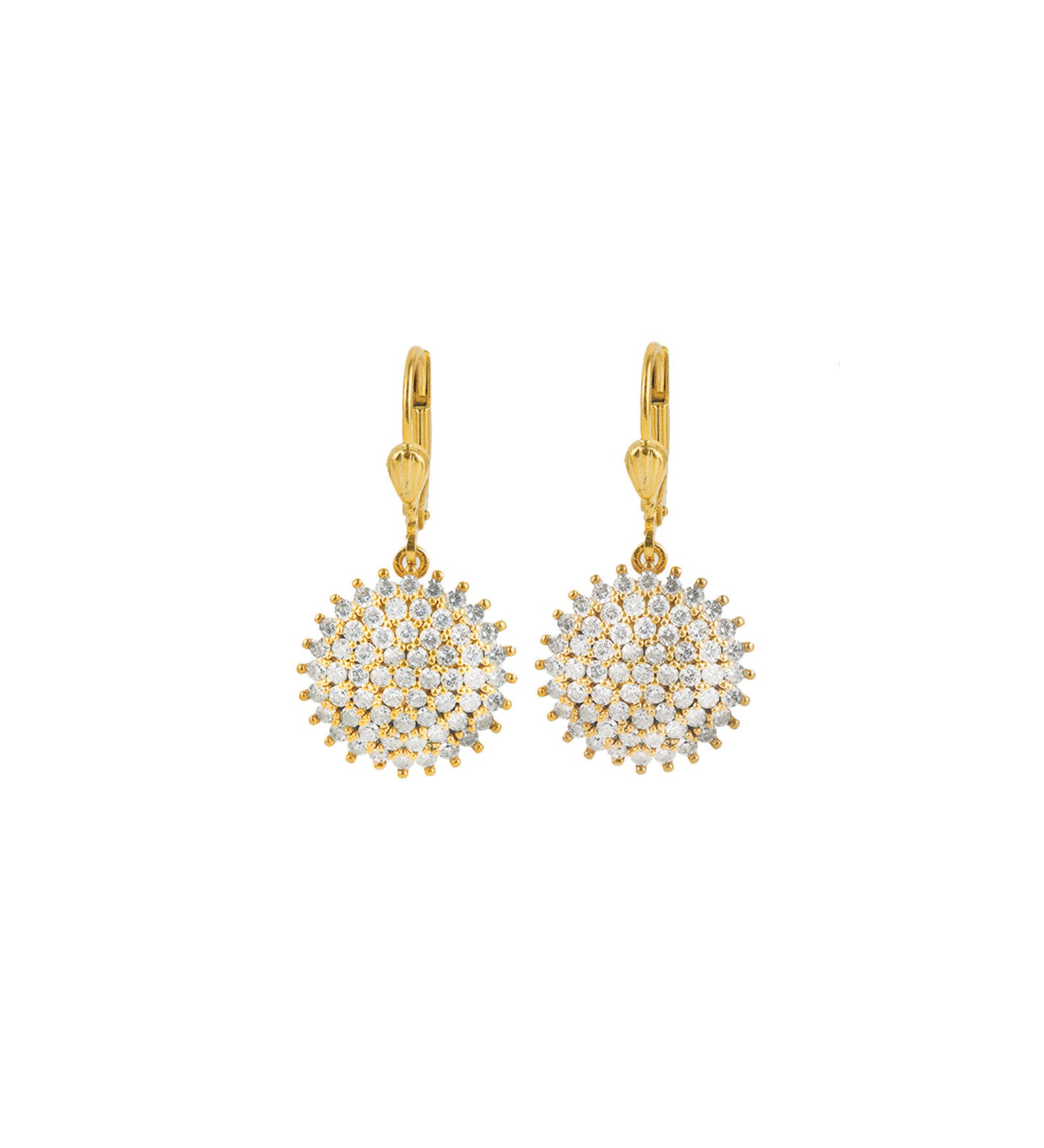 La Vie Parisienne-Pavé Disc Hooks-Earrings-14k Gold Plated, White Crystal-Blue Ruby Jewellery-Vancouver Canada