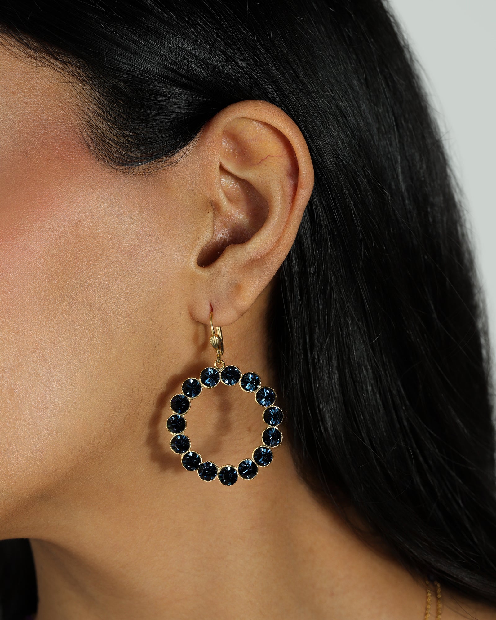 La Vie Parisienne-Round Crystal Ring Hooks-Earrings-14k Gold Plated, Midnight Crystal-Blue Ruby Jewellery-Vancouver Canada