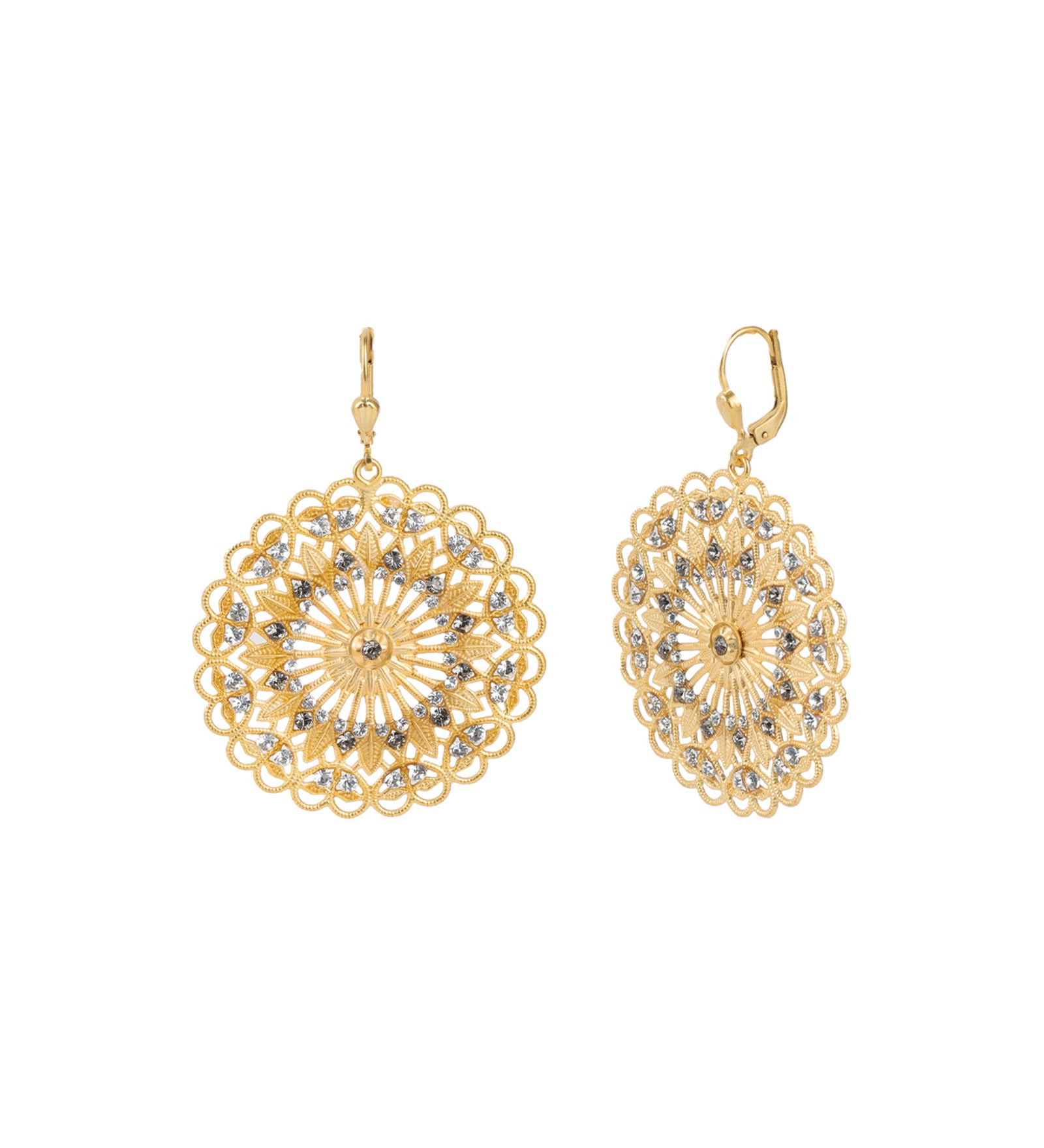 Large Filigree Round Mandala Hooks 14k Gold Plated, Black Diamond Crystal