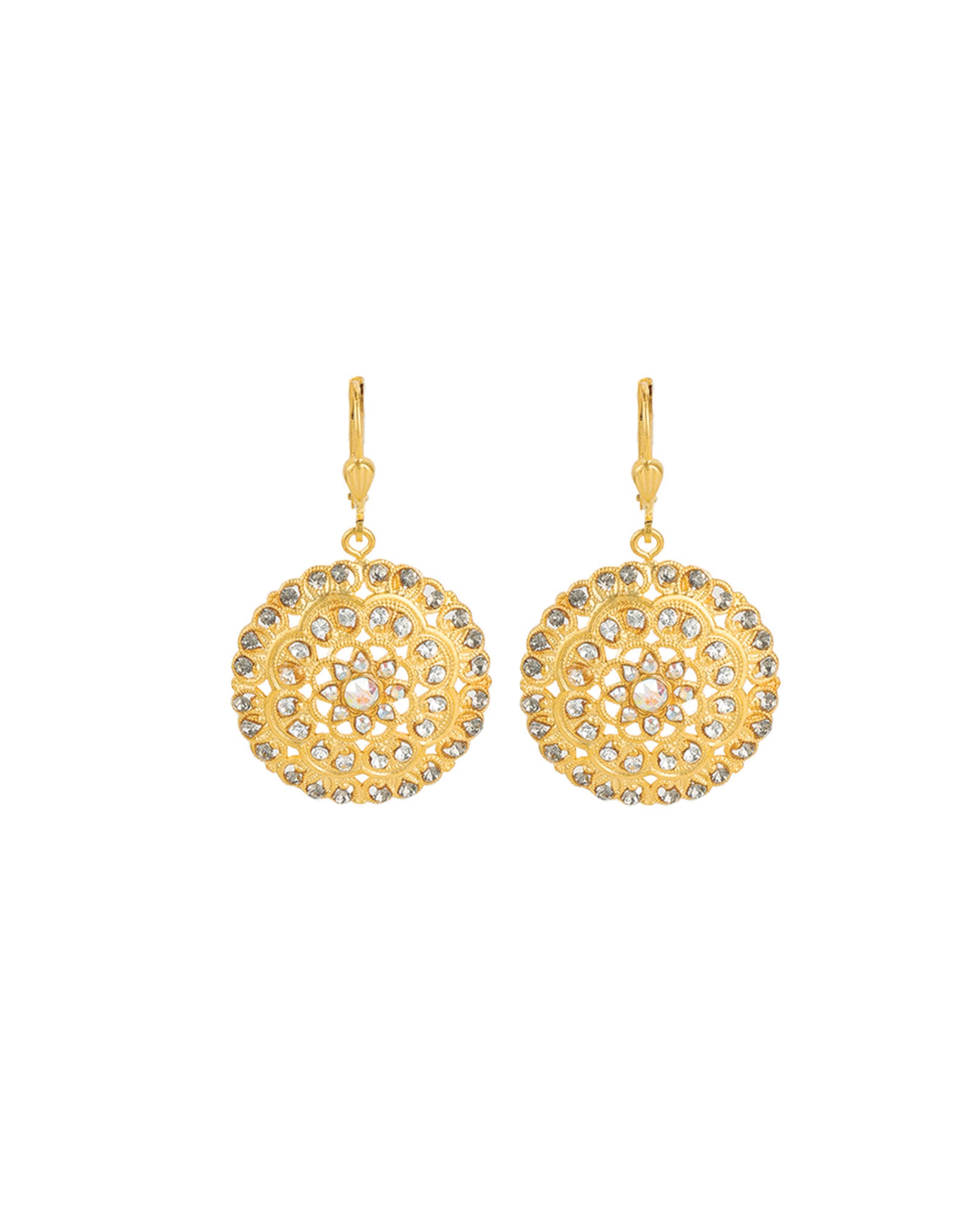 La Vie Parisienne-Round Filigree Pavé Crystal Hooks-Earrings-14k Gold Plated, White & Black Diamond Crystal-Blue Ruby Jewellery-Vancouver Canada