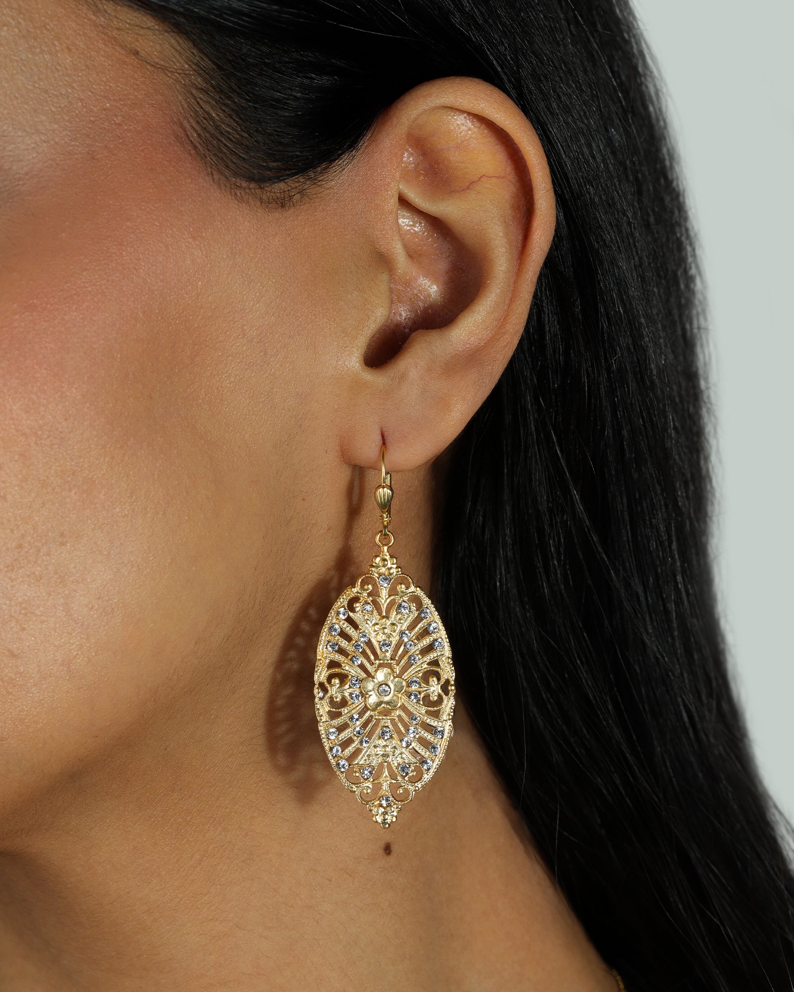 La Vie Parisienne-Marquise Filigree Crystal Hooks-Earrings-14k Gold Plated, White Crystal-Blue Ruby Jewellery-Vancouver Canada
