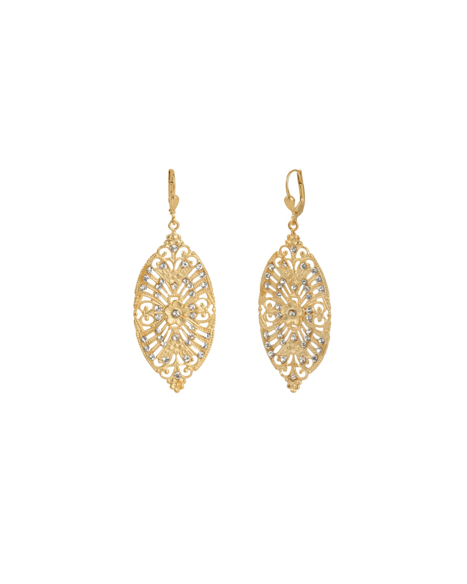 Marquise Filigree Crystal Hooks 14k Gold Plated, White Crystal