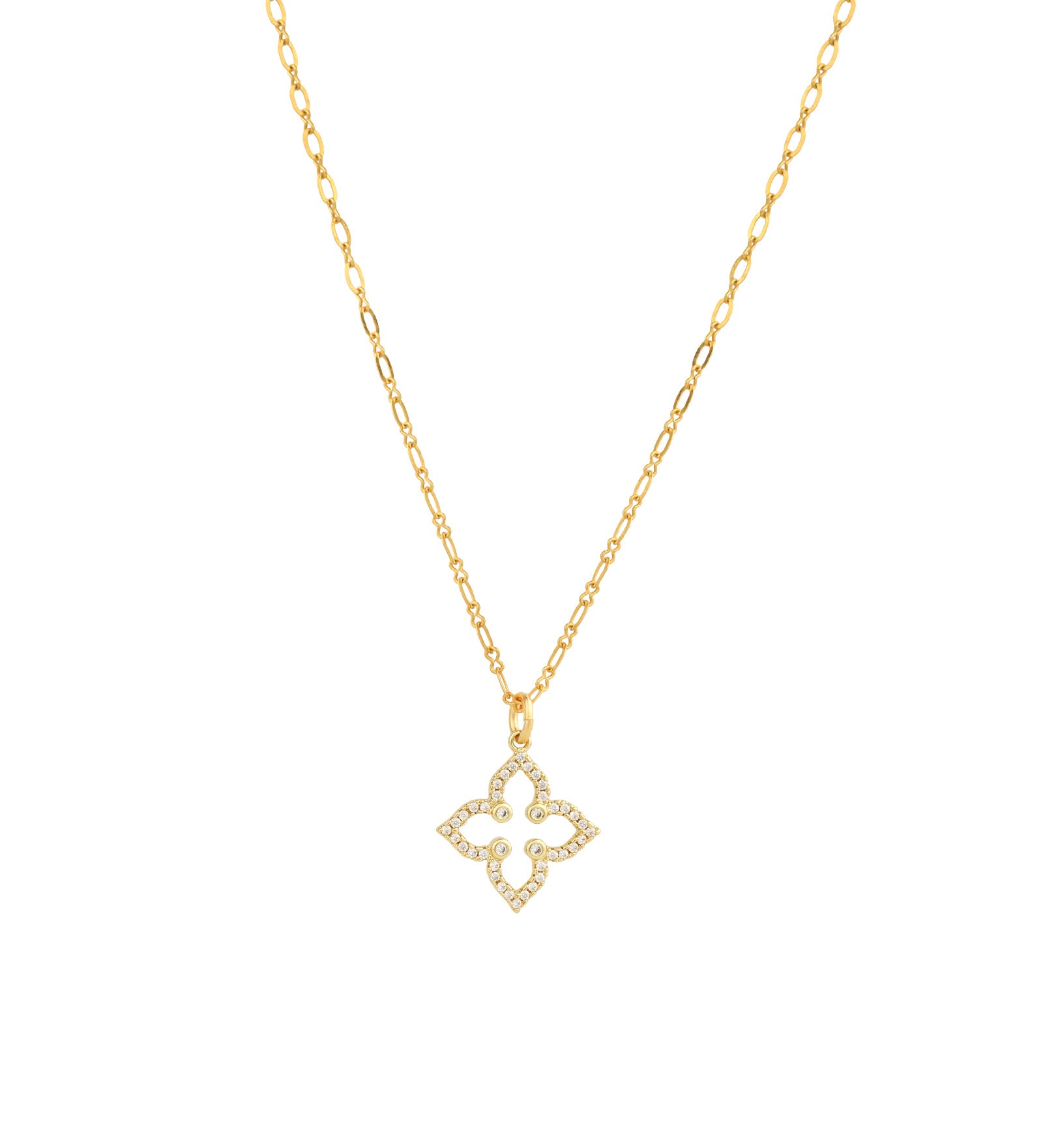 La Vie Parisienne-Pointed Clover Cut Out Necklace-Necklaces-14k Gold Plated, White Crystal-Blue Ruby Jewellery-Vancouver Canada