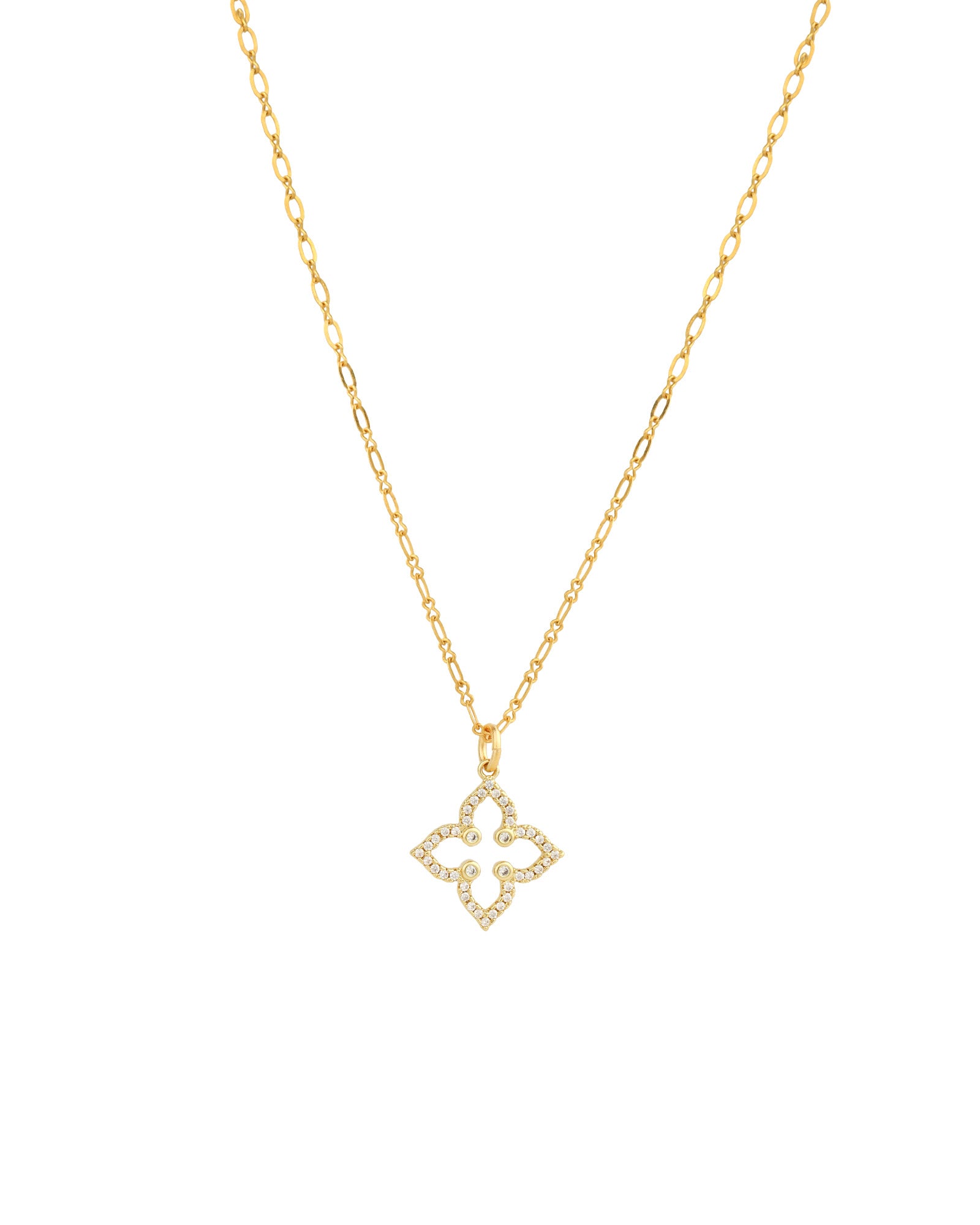 La Vie Parisienne-Pointed Clover Cut Out Necklace-Necklaces-14k Gold Plated, White Crystal-Blue Ruby Jewellery-Vancouver Canada