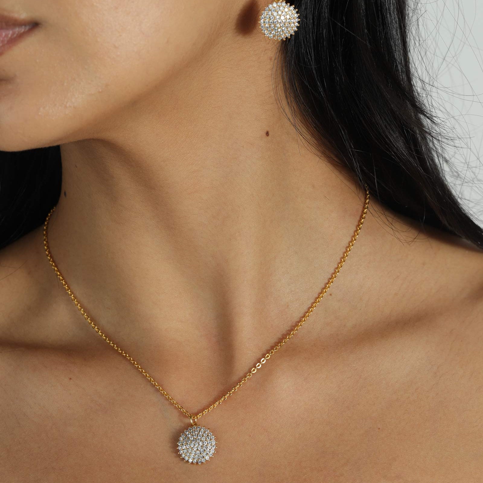 La Vie Parisienne-Pavé Disc Necklace-Necklaces-14k Gold Plated, White Crystal-Blue Ruby Jewellery-Vancouver Canada