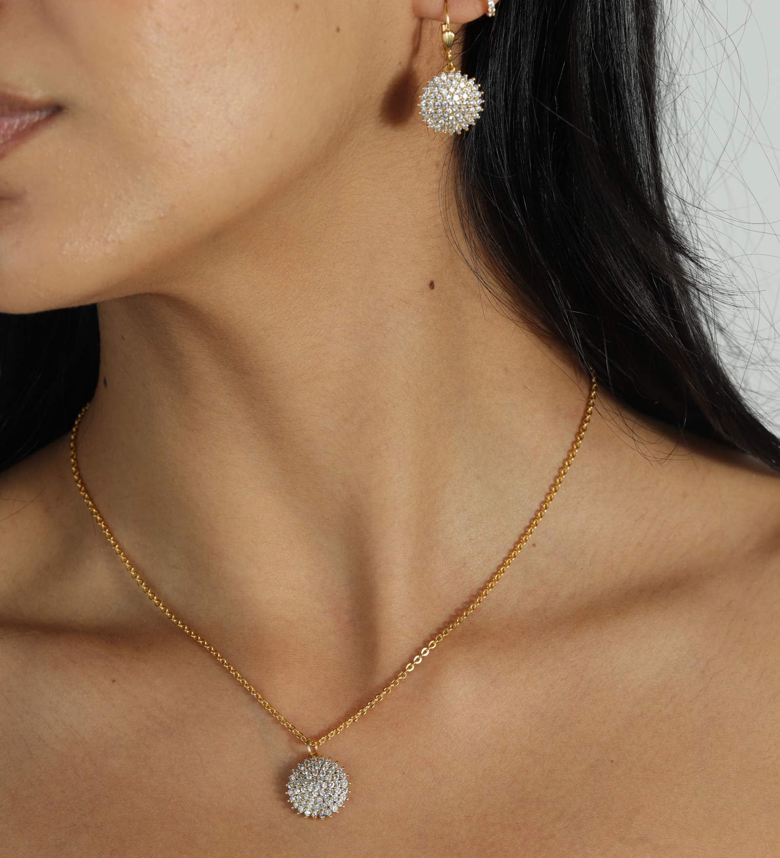 La Vie Parisienne-Pavé Disc Necklace-Necklaces-14k Gold Plated, White Crystal-Blue Ruby Jewellery-Vancouver Canada