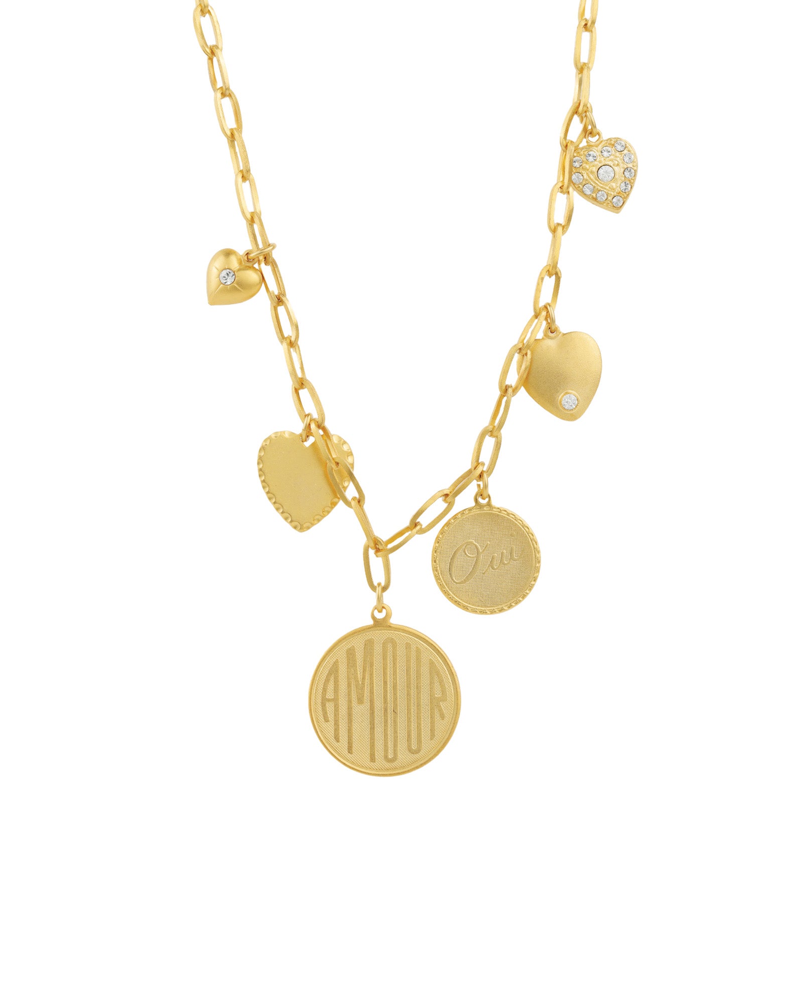 Armour Heart Charm Necklace Antique 14k Gold Plated, White Crystal
