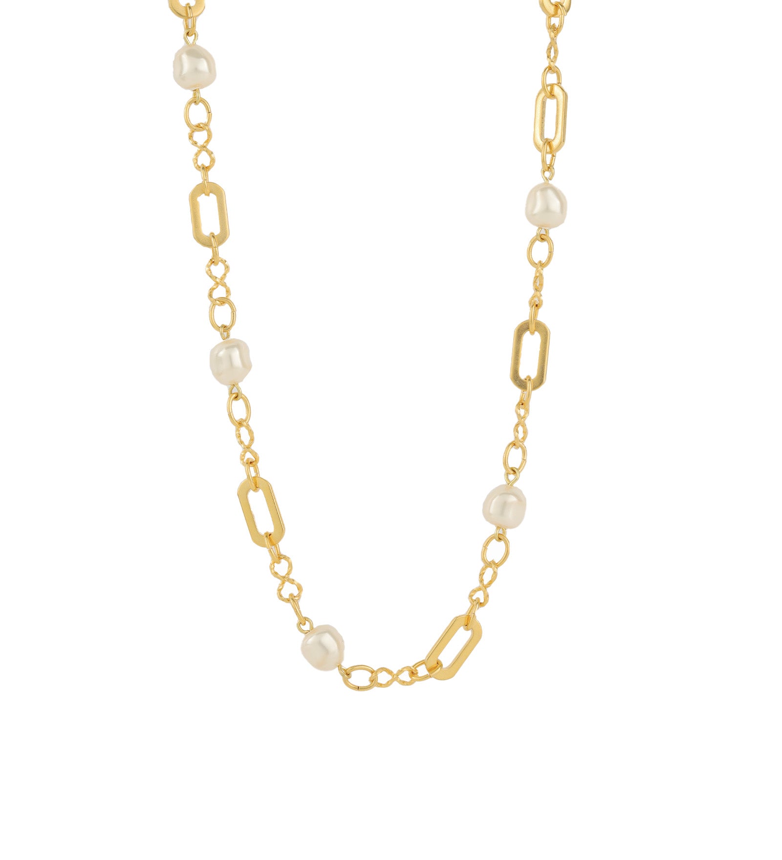 Mix Link Pearl Necklace 14k Gold Plated, White Pearl