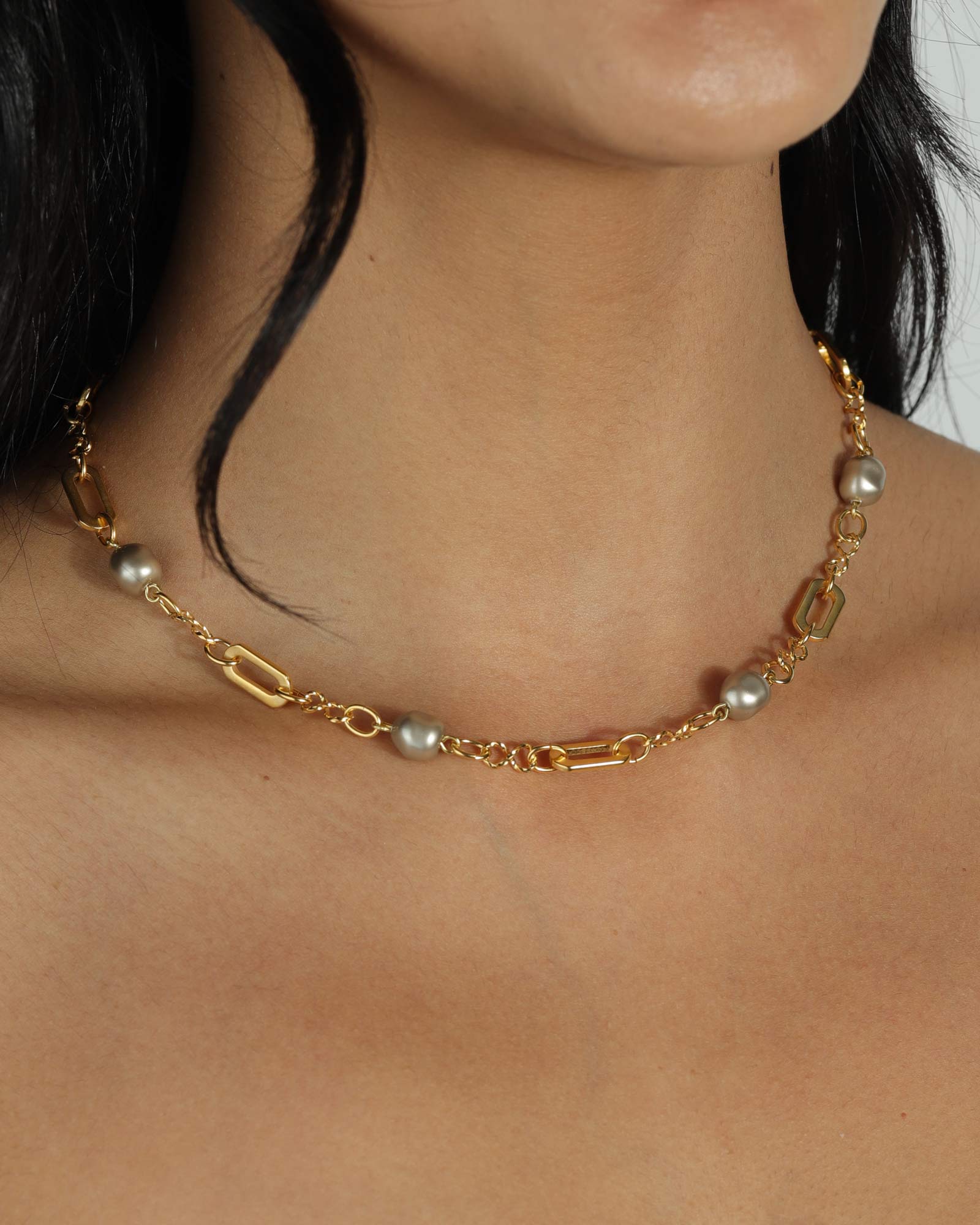 La Vie Parisienne-Mix Link Pearl Necklace-Necklaces-14k Gold Plated, Grey Pearl-Blue Ruby Jewellery-Vancouver Canada