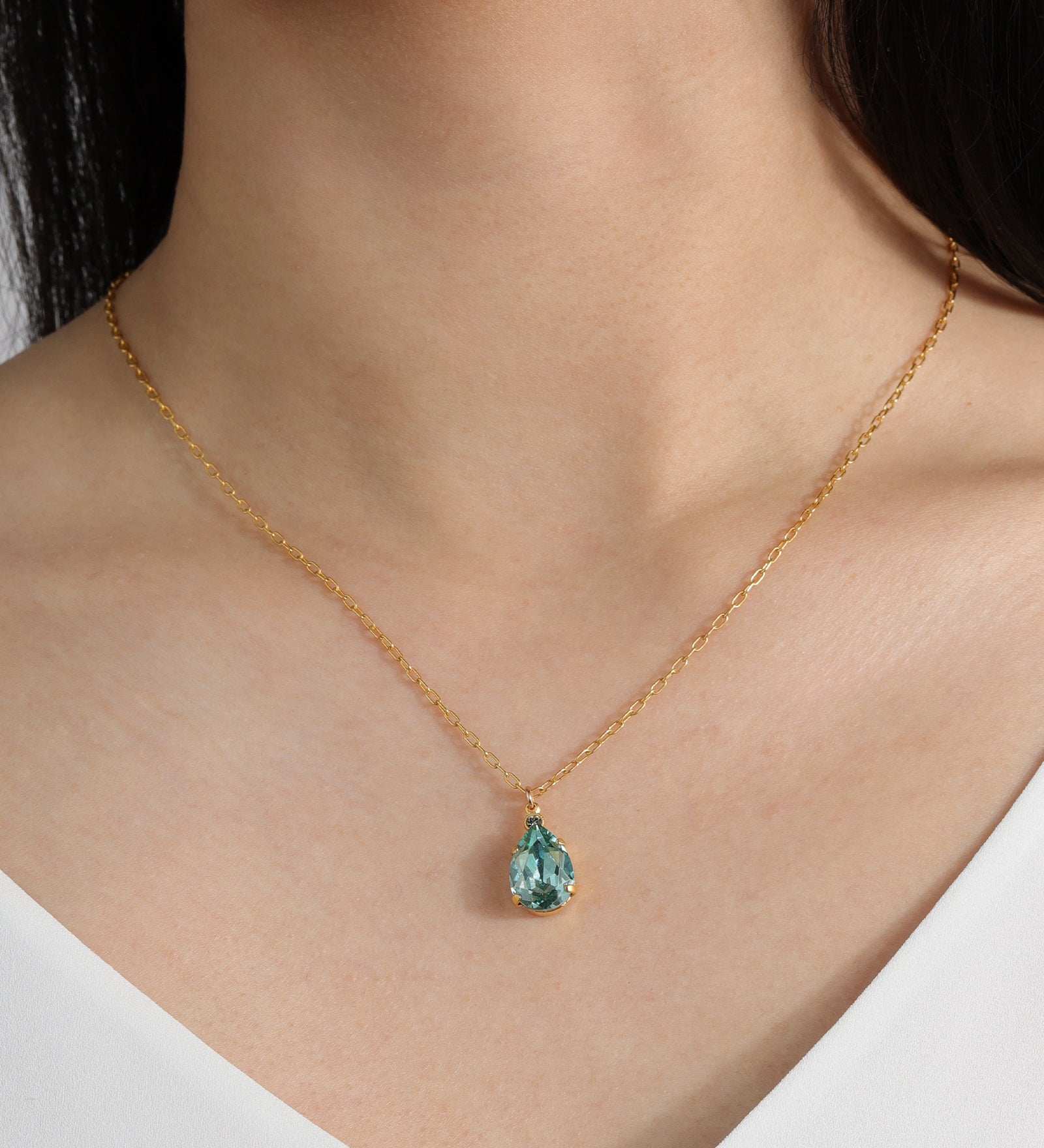 Teardrop Crystal Necklace 14k Gold Plated, Fountain Crystal