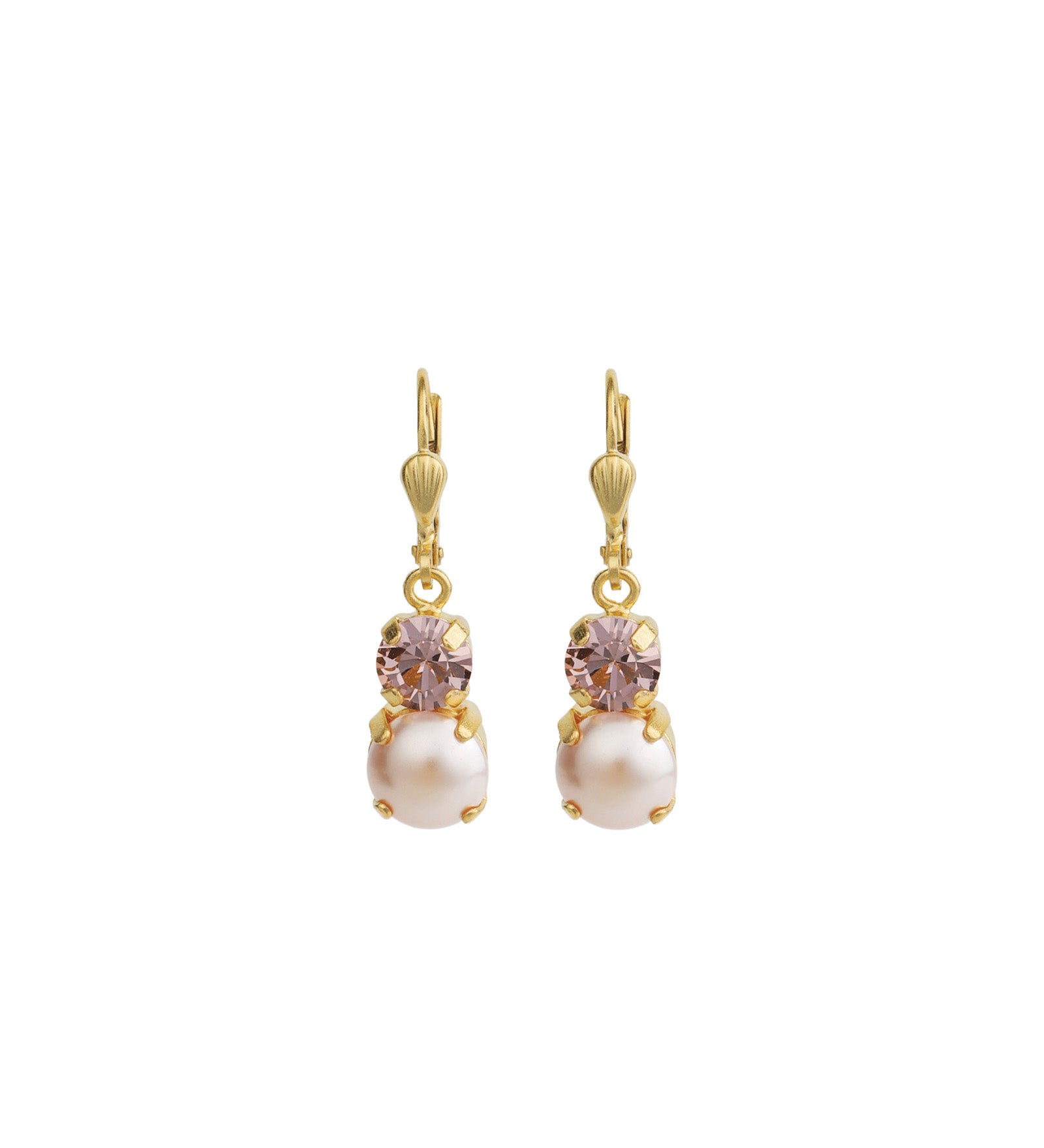 La Vie Parisienne-Graduated Round Crystal & Pearl Hooks-Earrings-14k Gold Plated, Pink Crystal, Pearls-Blue Ruby Jewellery-Vancouver Canada