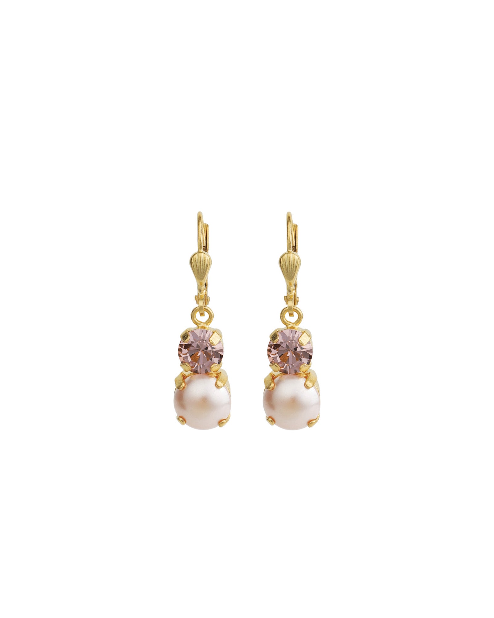 La Vie Parisienne-Graduated Round Crystal & Pearl Hooks-Earrings-14k Gold Plated, Pink Crystal, Pearls-Blue Ruby Jewellery-Vancouver Canada