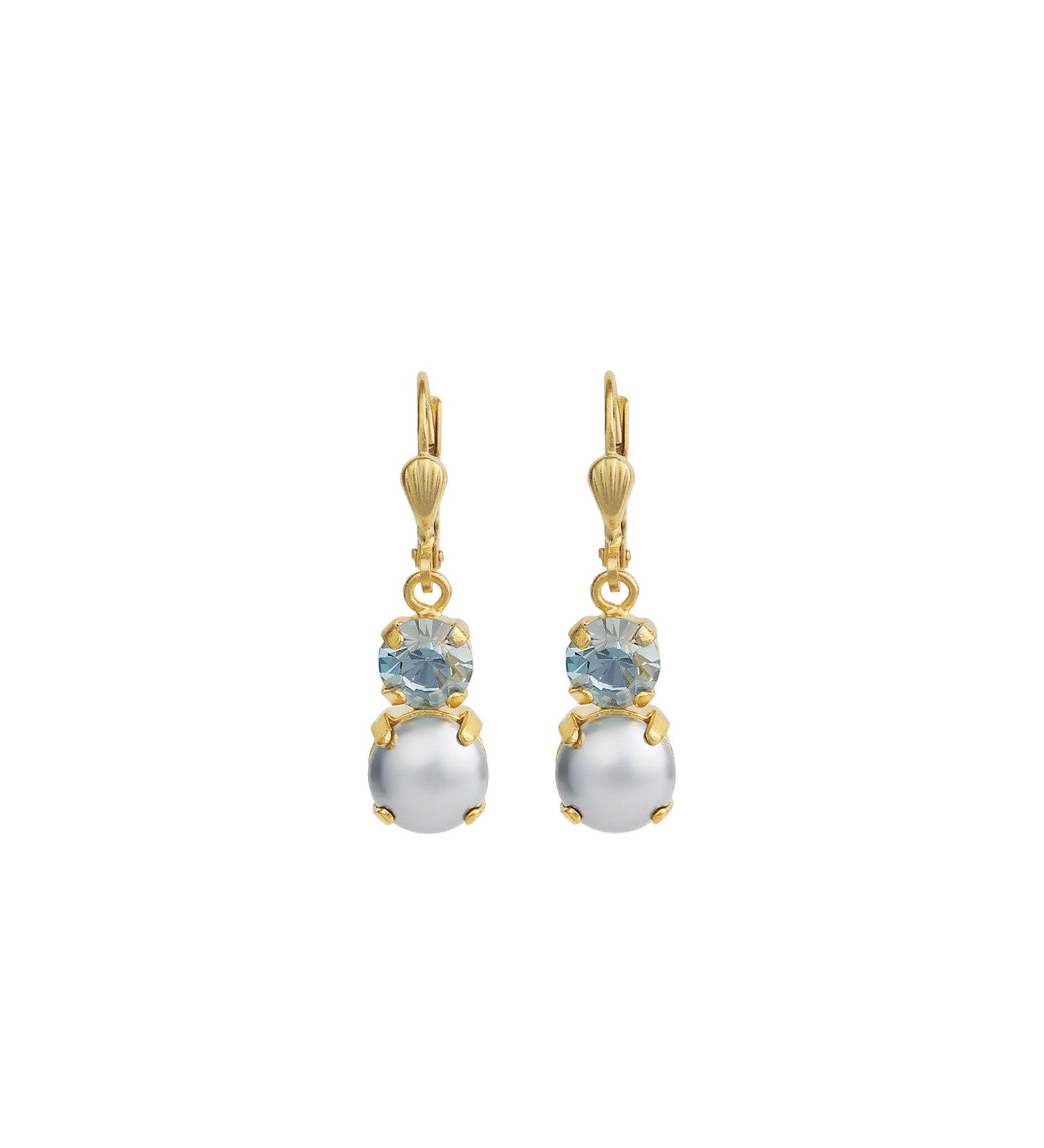 La Vie Parisienne-Graduated Round Crystal & Pearl Hooks-Earrings-14k Gold Plated, Silverlight Crystal, Pearls-Blue Ruby Jewellery-Vancouver Canada