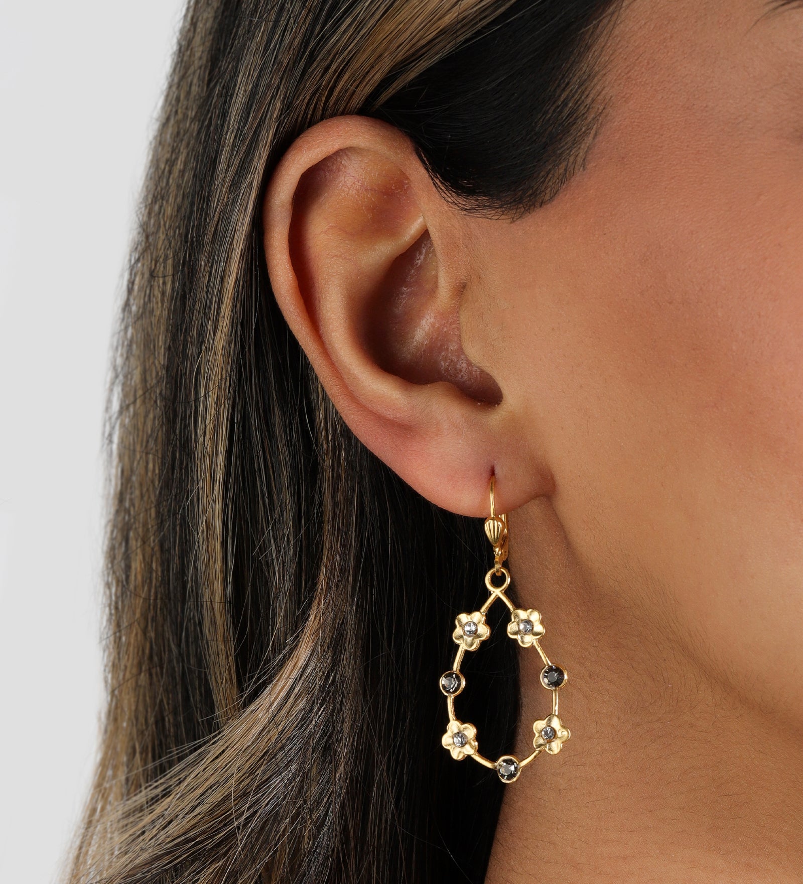 Open Teardrop Flower Hooks 14k Gold Plated, White Crystal, Black Diamond Crystal