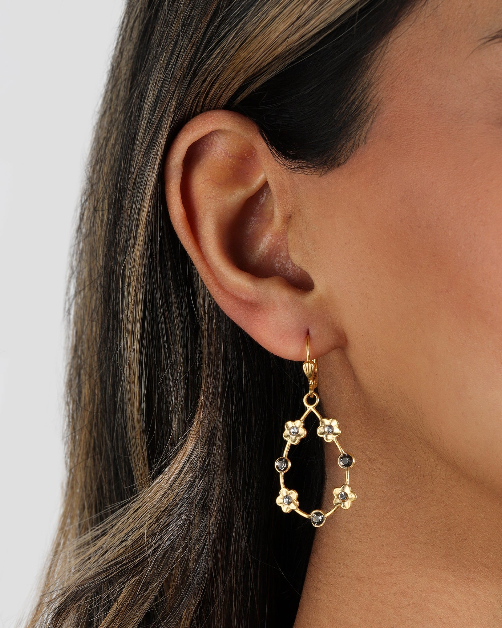 Open Teardrop Flower Hooks 14k Gold Plated, White Crystal, Black Diamond Crystal