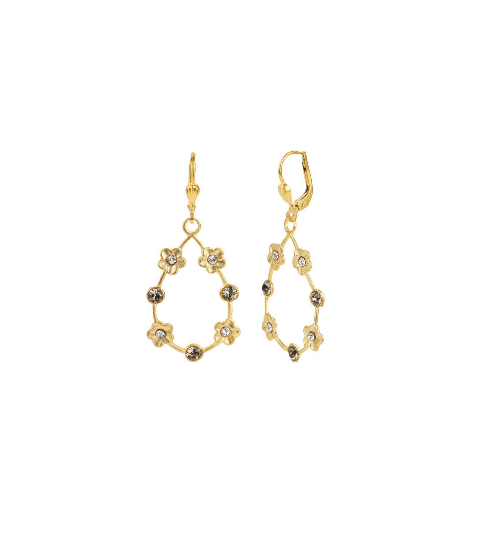 Open Teardrop Flower Hooks 14k Gold Plated, White Crystal, Black Diamond Crystal