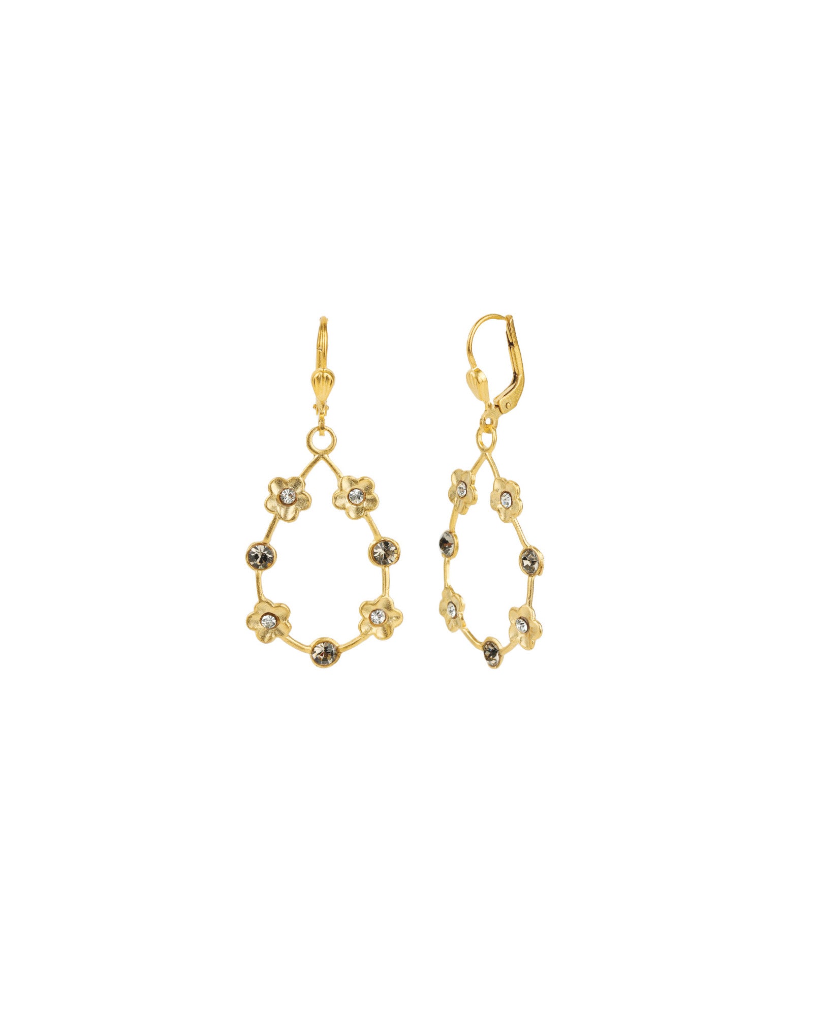 Open Teardrop Flower Hooks 14k Gold Plated, White Crystal, Black Diamond Crystal