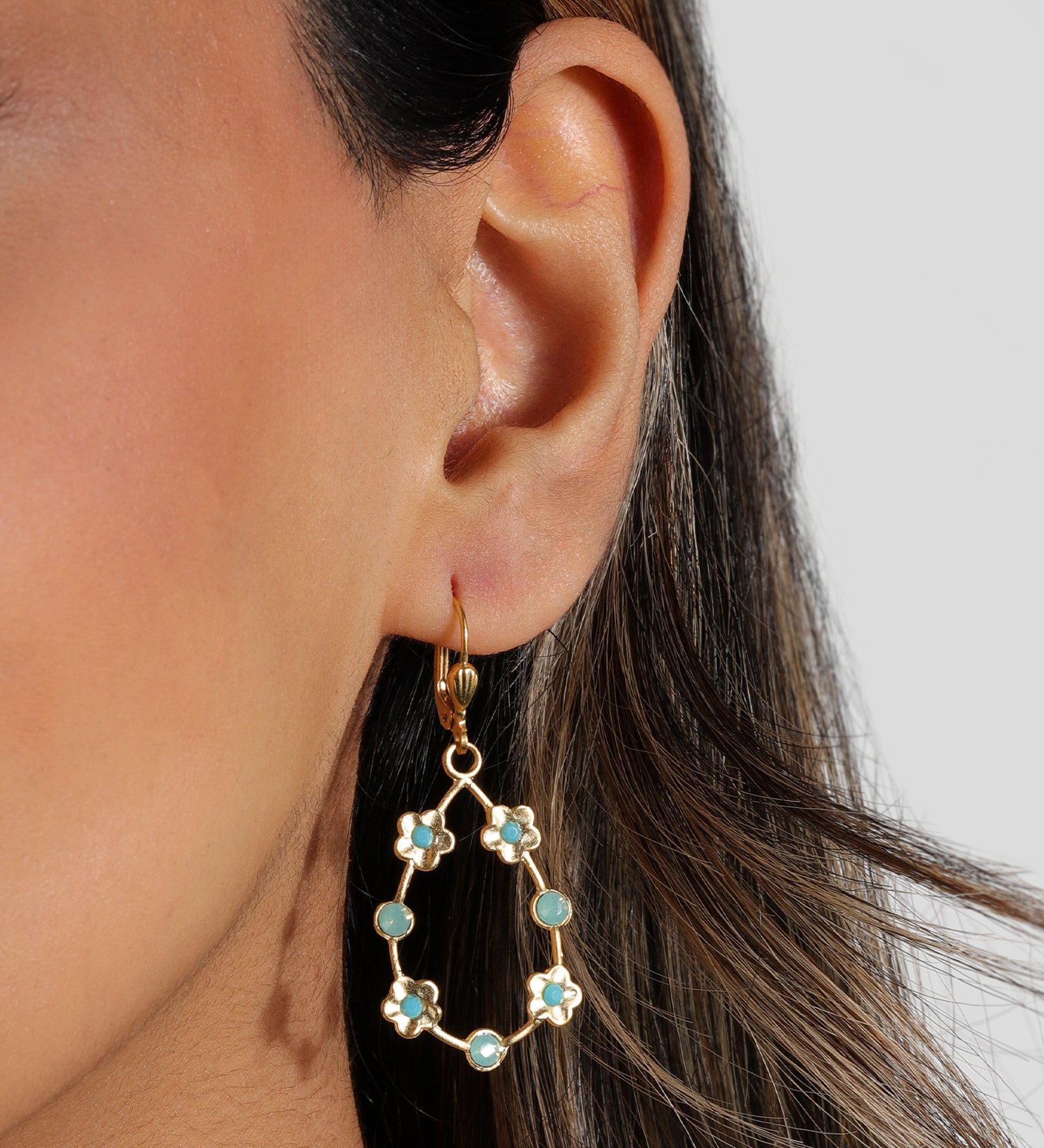 Open Teardrop Flower Hooks 14k Gold Plated, Pacific Opal Crystal, Turquoise Crystal