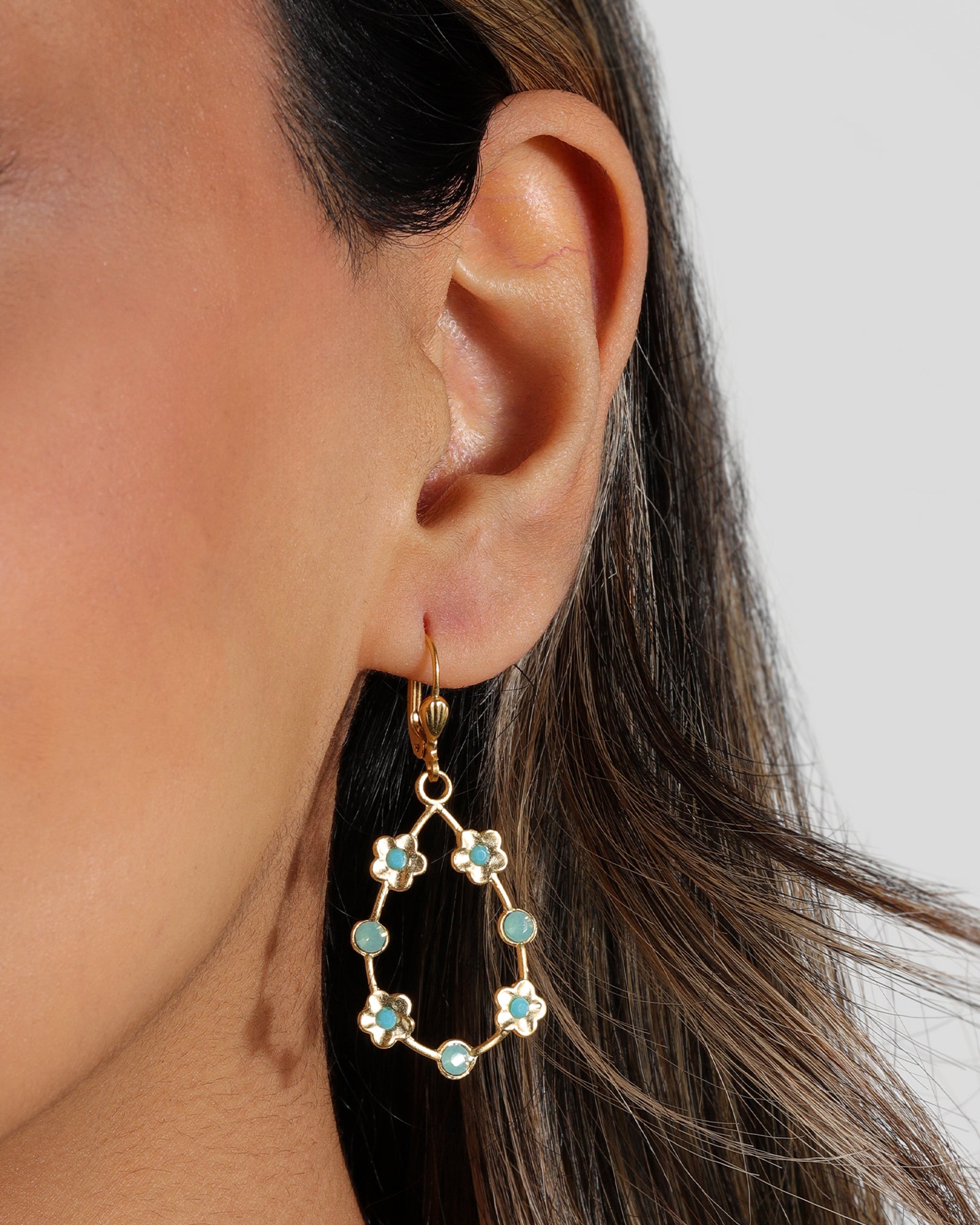 Open Teardrop Flower Hooks 14k Gold Plated, Pacific Opal Crystal, Turquoise Crystal