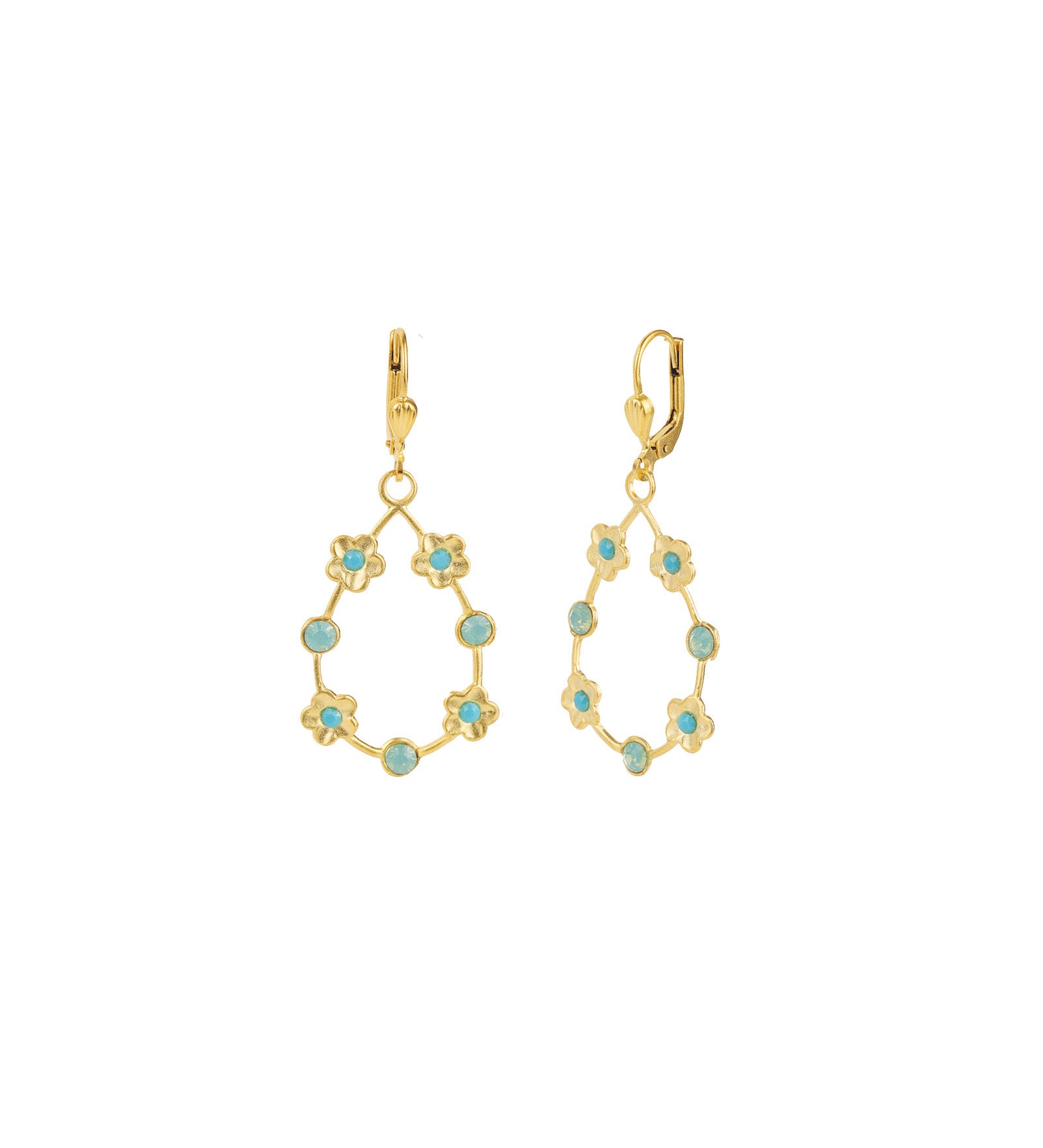 Open Teardrop Flower Hooks 14k Gold Plated, Pacific Opal Crystal, Turquoise Crystal