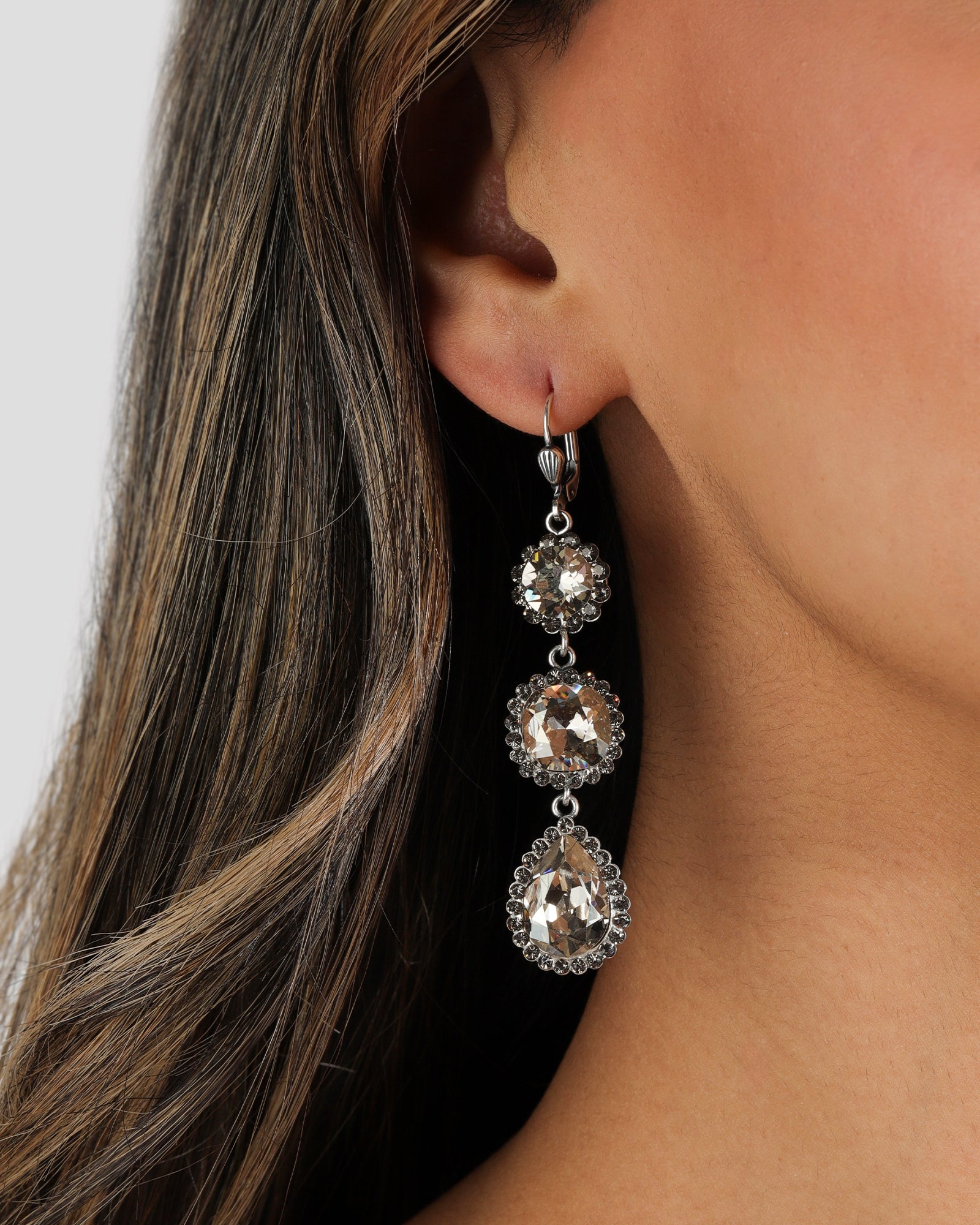 Three Crystal Halo Drop Hooks Silver Plated, Shade Crystal