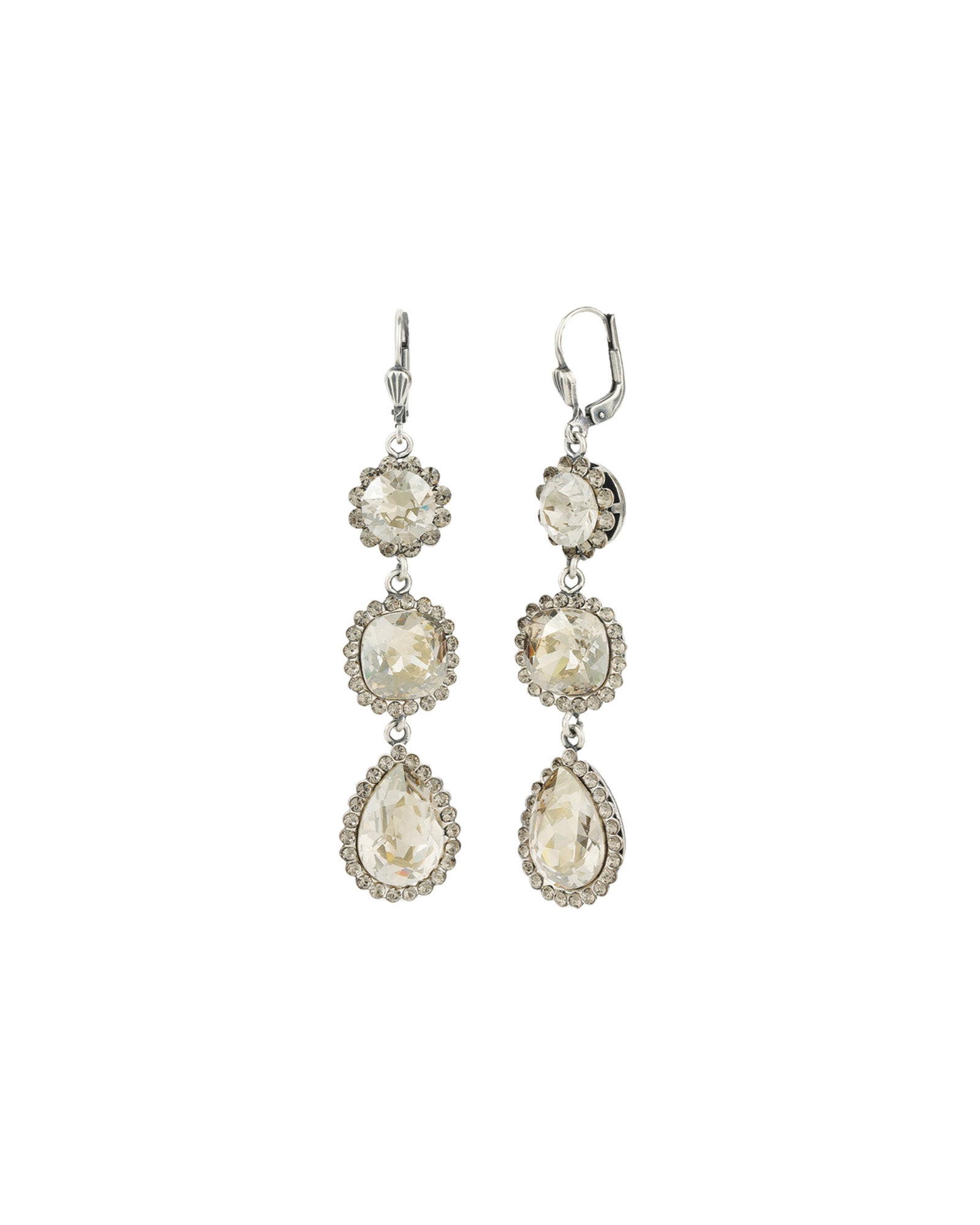 Three Crystal Halo Drop Hooks Silver Plated, Shade Crystal